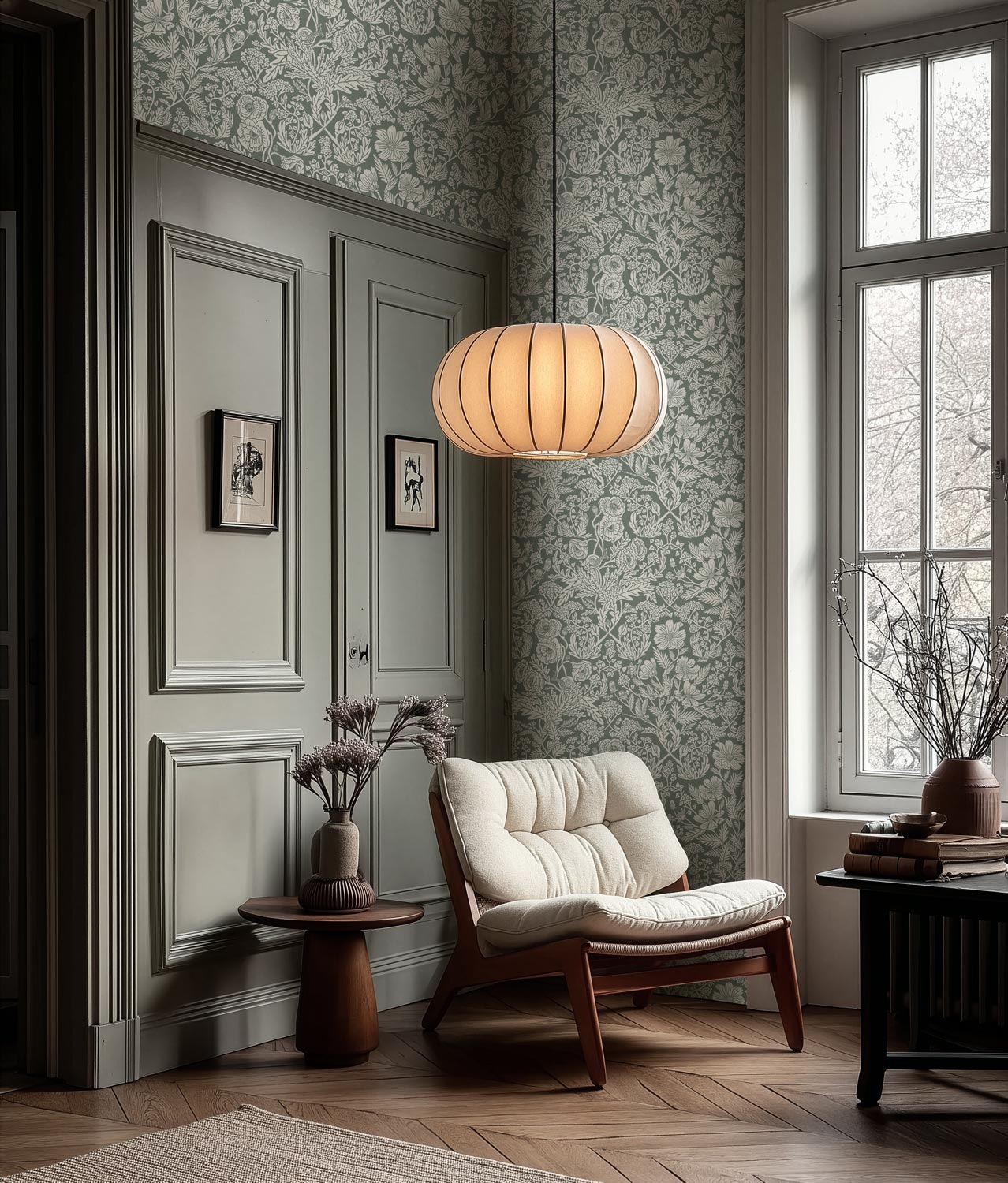Botanisch bloemen behang door Floor Rieder, Groen, 100 x 280 cm