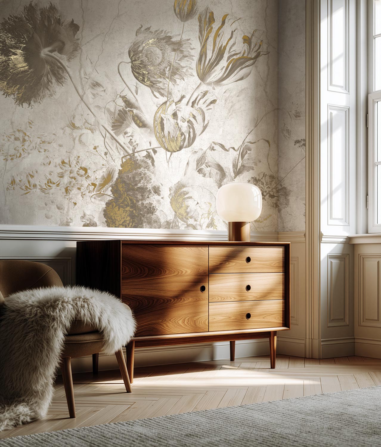 Bloemen behang met goud door Frans Uyterlinde, Fresco Flowers, Goud/Wit