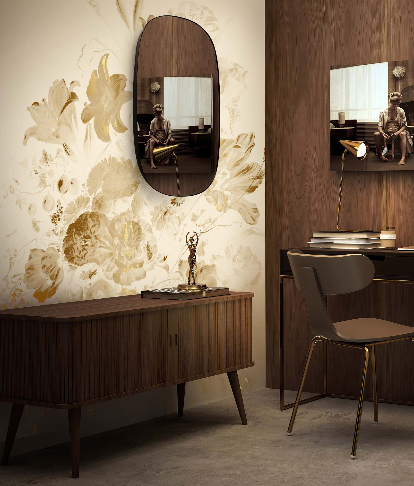 Floral wallpaper with gold, Golden Age Flowers, Gold/Beige