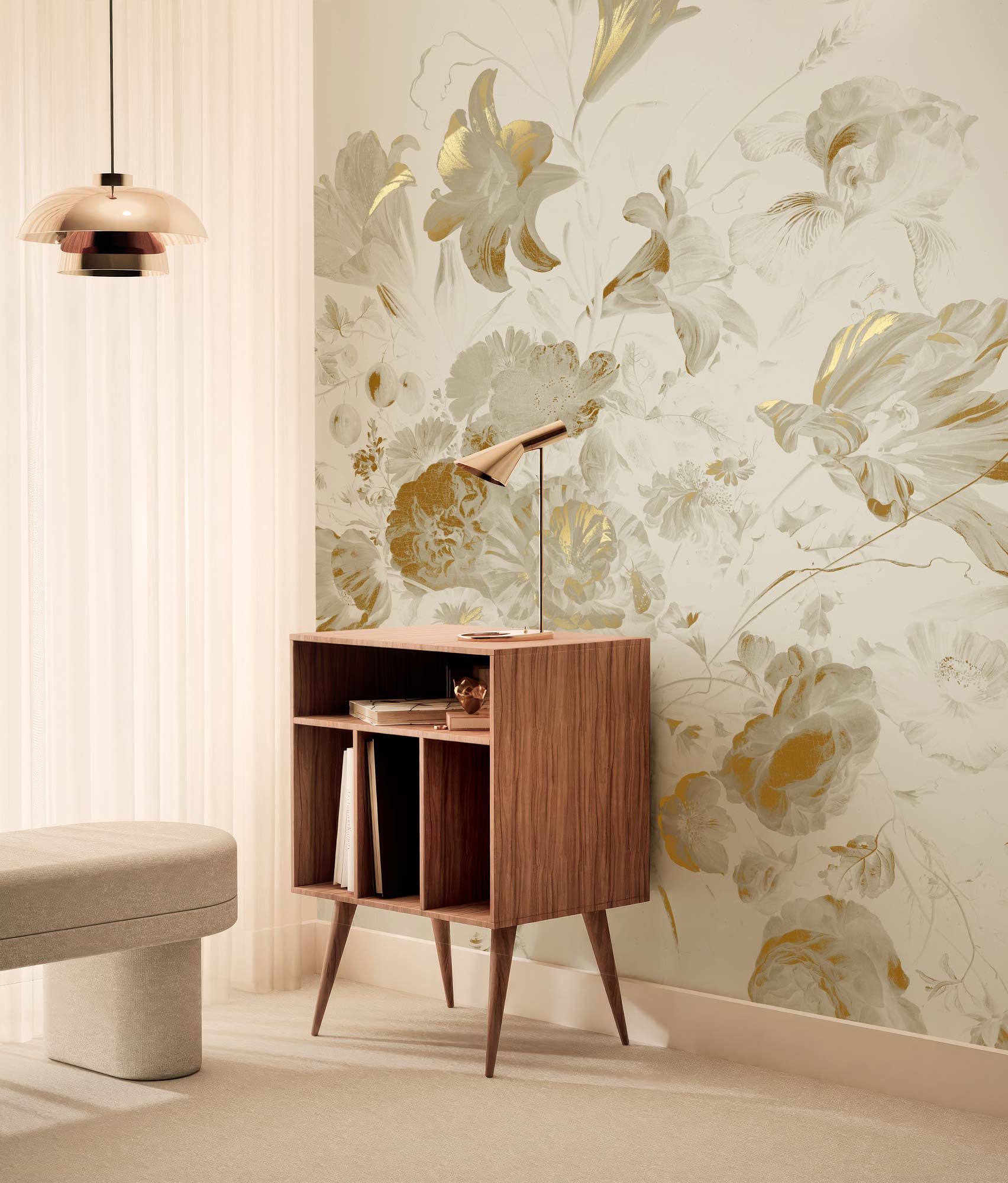 Papel pintado floral con oro, Golden Age Flowers, Oro/Arena