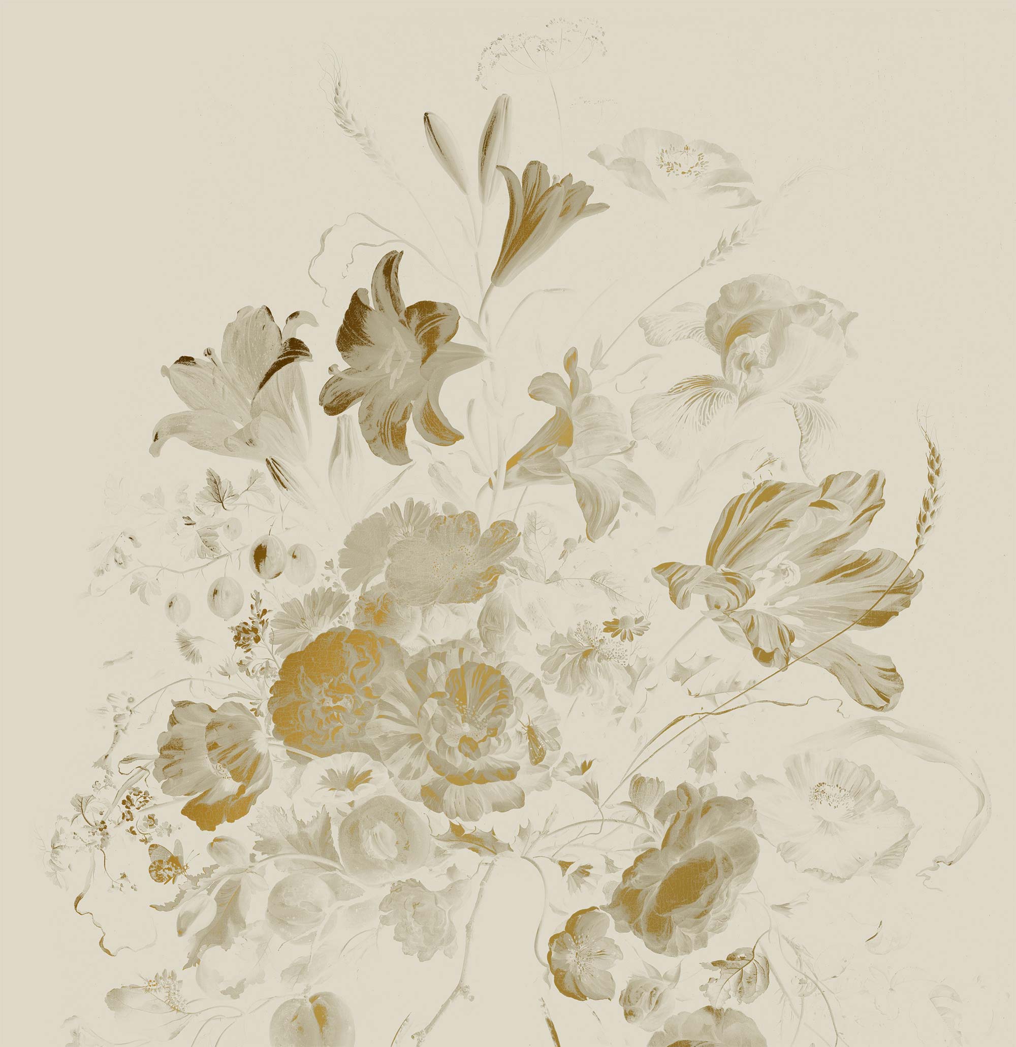 Floral wallpaper with gold, Golden Age Flowers, Gold/Sand