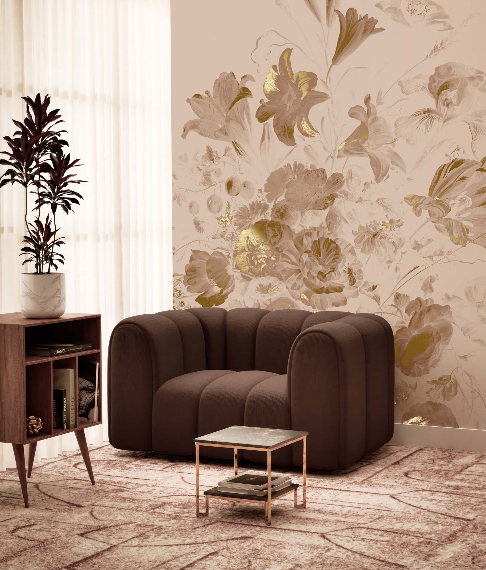Floral wallpaper with gold, Golden Age Flowers, Gold/Nude
