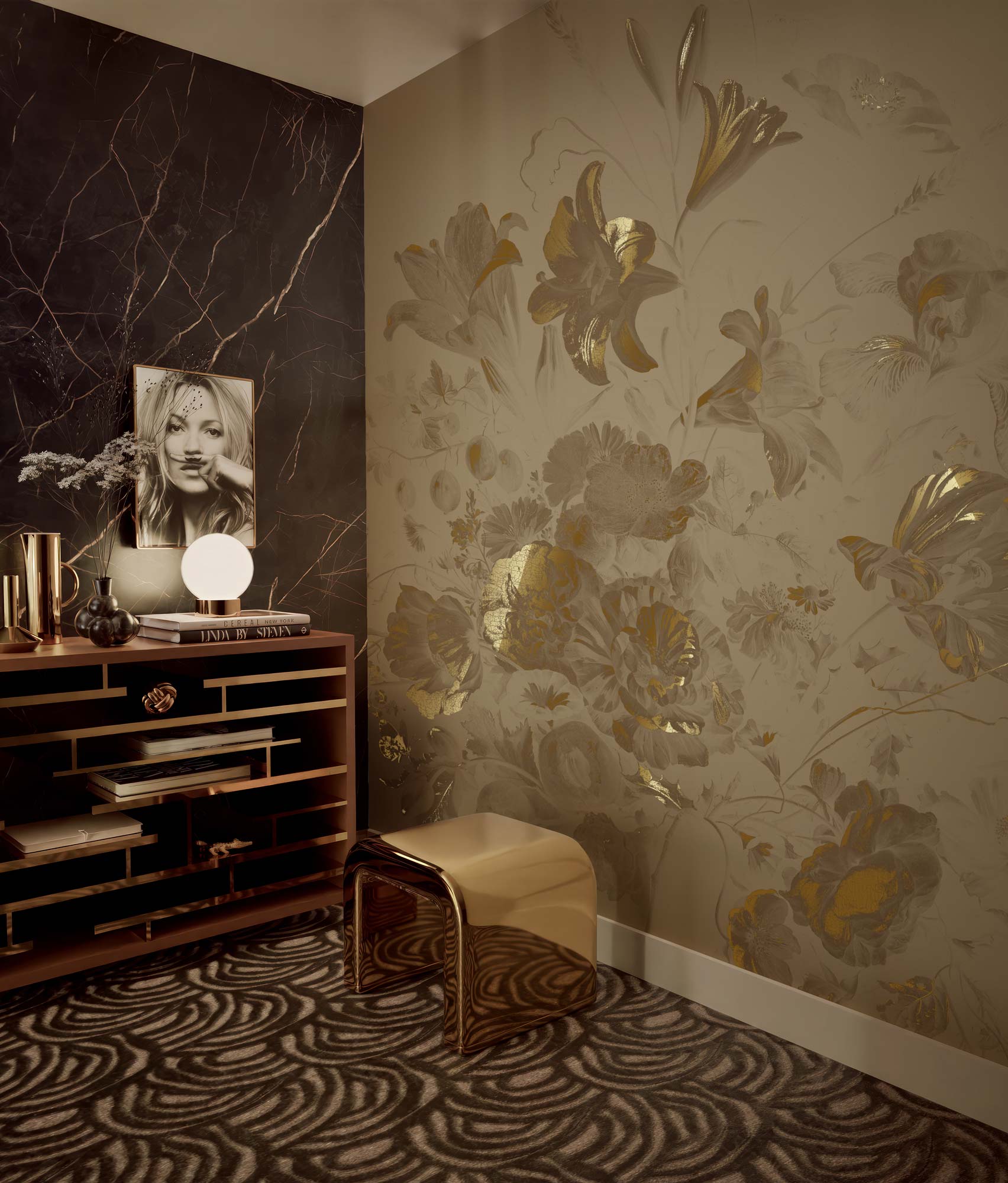 Floral wallpaper with gold, Golden Age Flowers, Gold/Taupe
