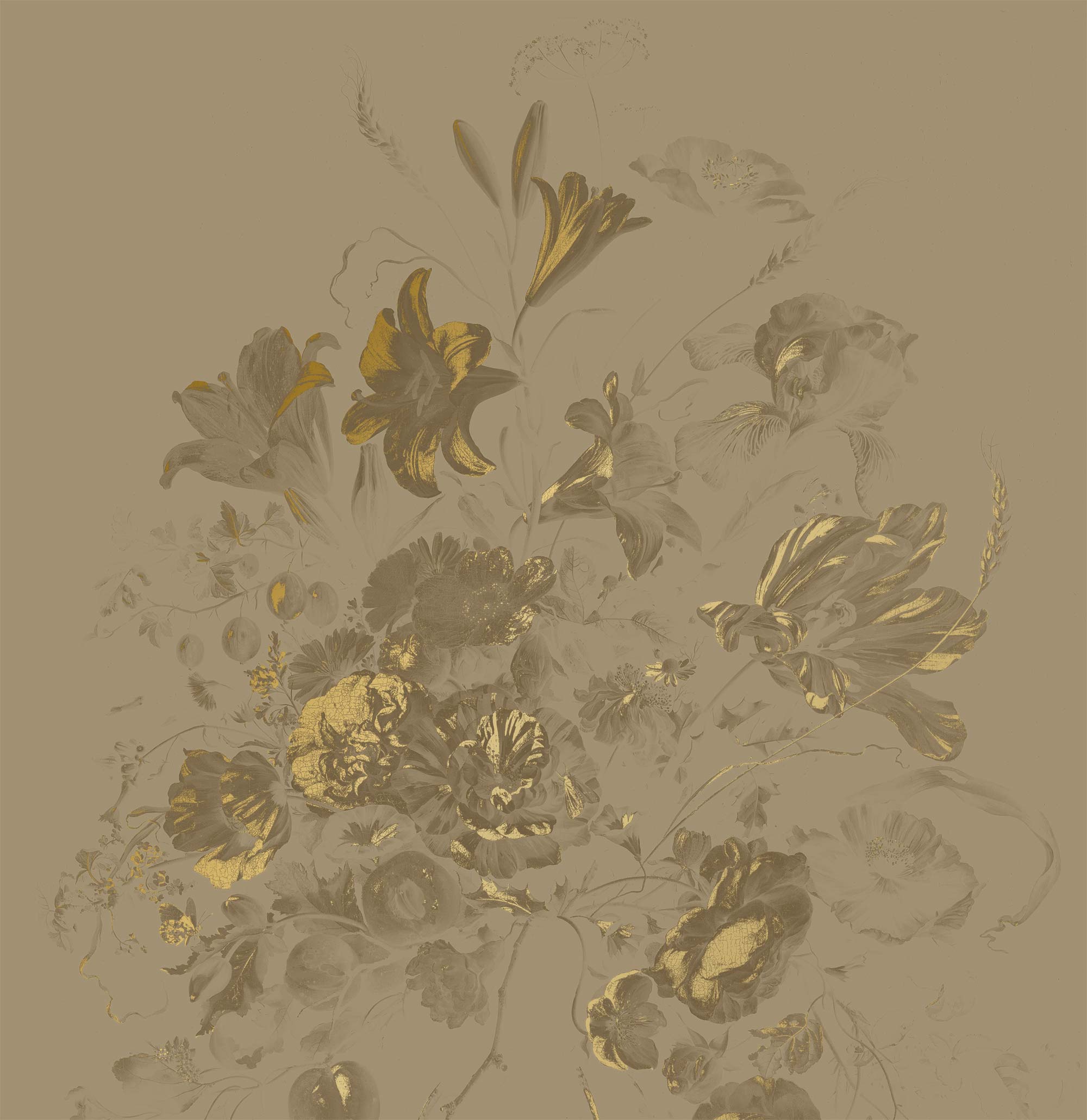 Floral wallpaper with gold, Golden Age Flowers, Gold/Taupe