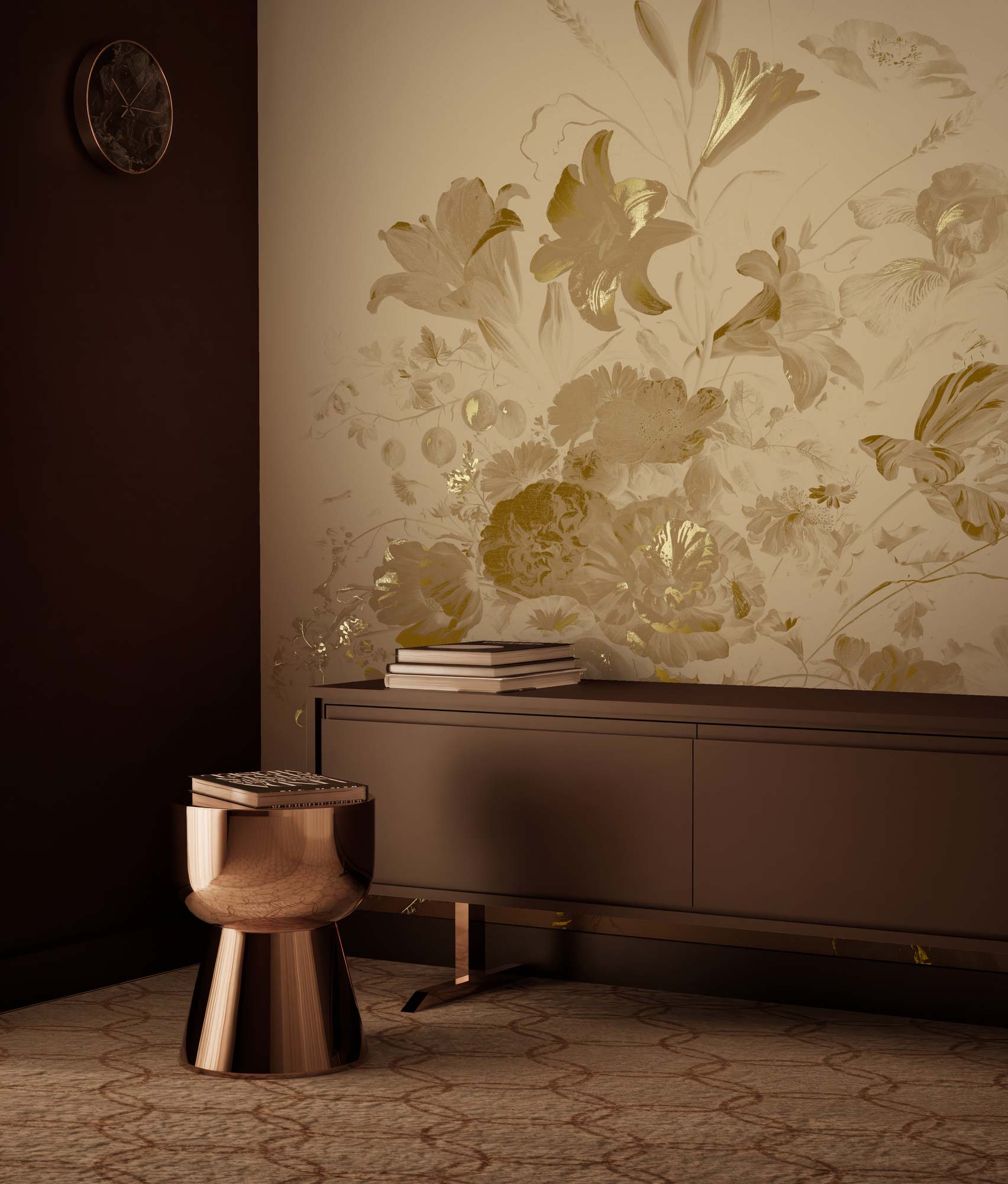 Floral wallpaper with gold, Golden Age Flowers, Gold/Toffee