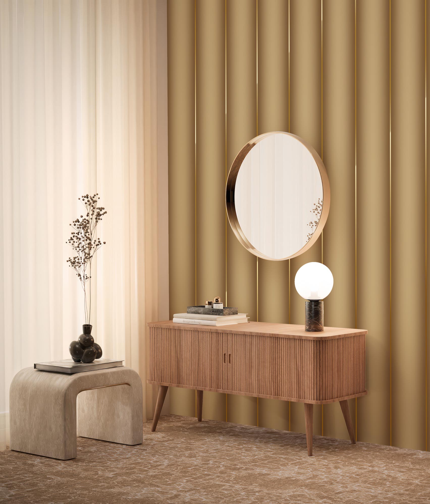 Papel pintado a rayas con oro, Gold Stripes, Oro/Toffee
