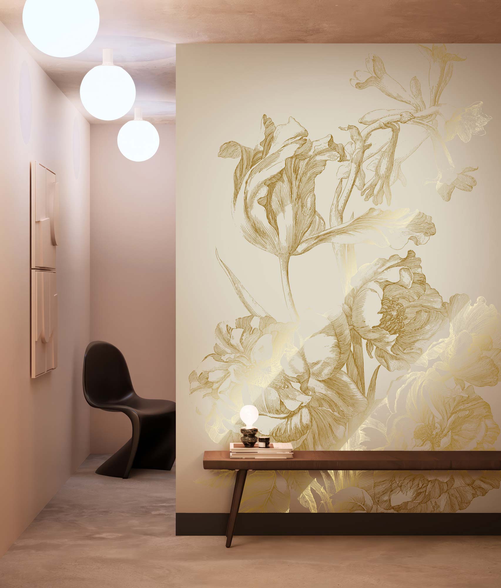 Bloemen behang met goud, Engraved Flowers, Goud/Zand
