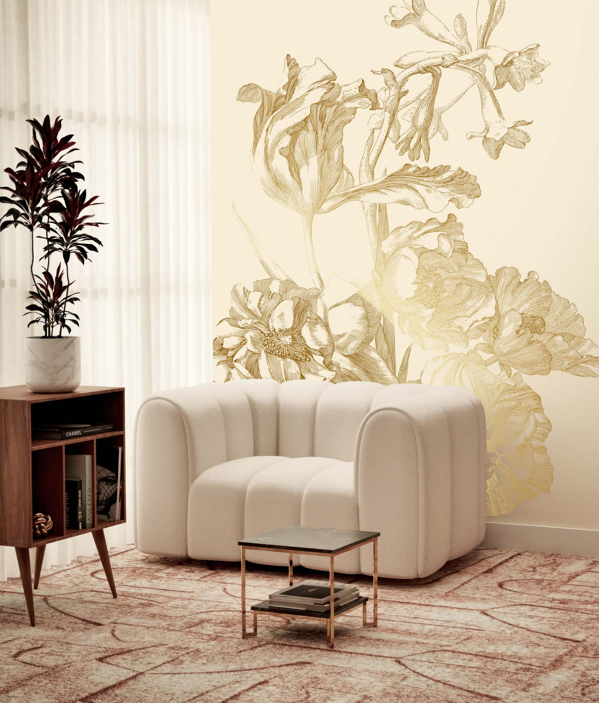 Blumentapete mit Gold, Engraved Flowers, Gold/Beige