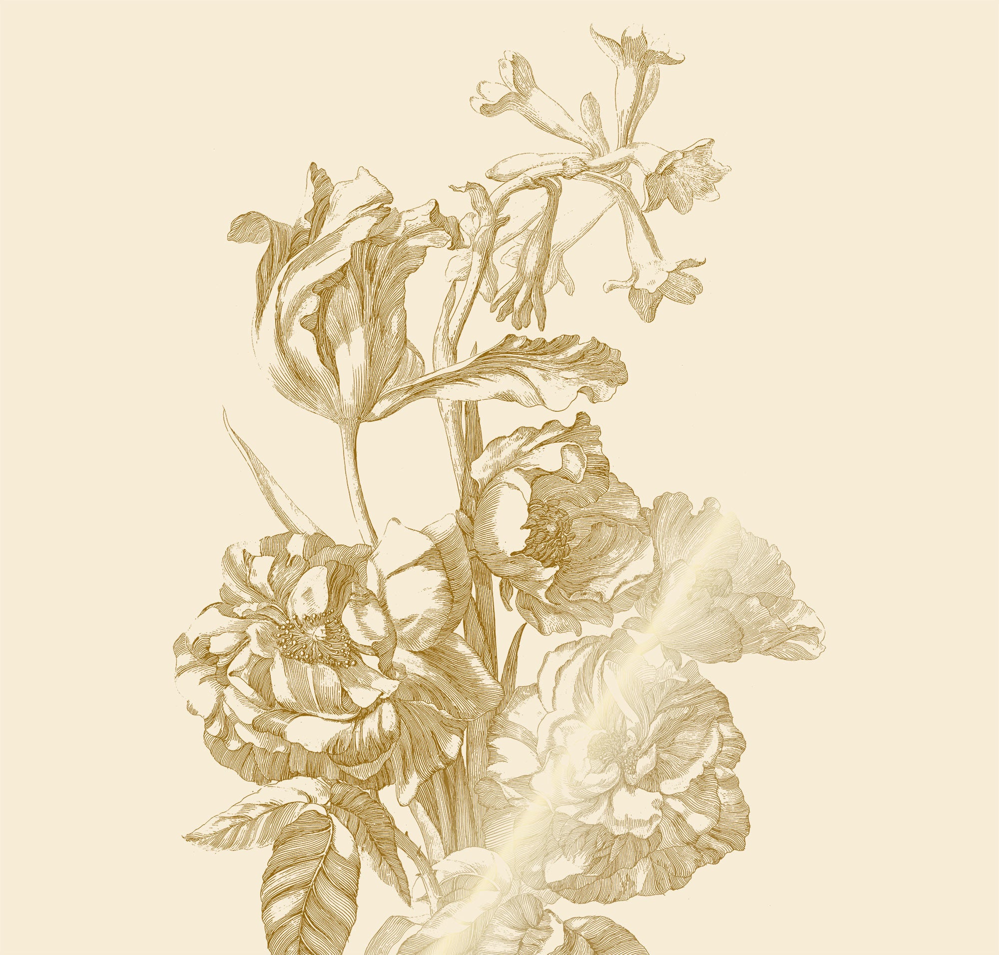 Floral wallpaper with gold, Engraved Flowers, Gold/Beige