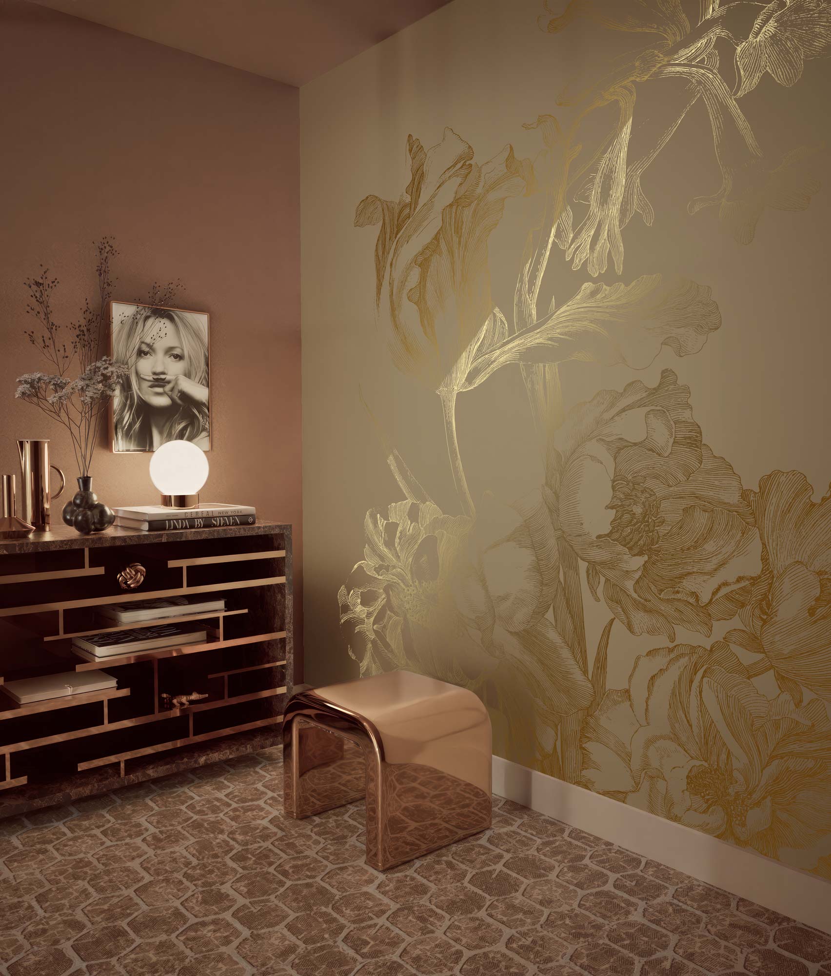 Bloemen behang met goud, Engraved Flowers, Goud/Taupe