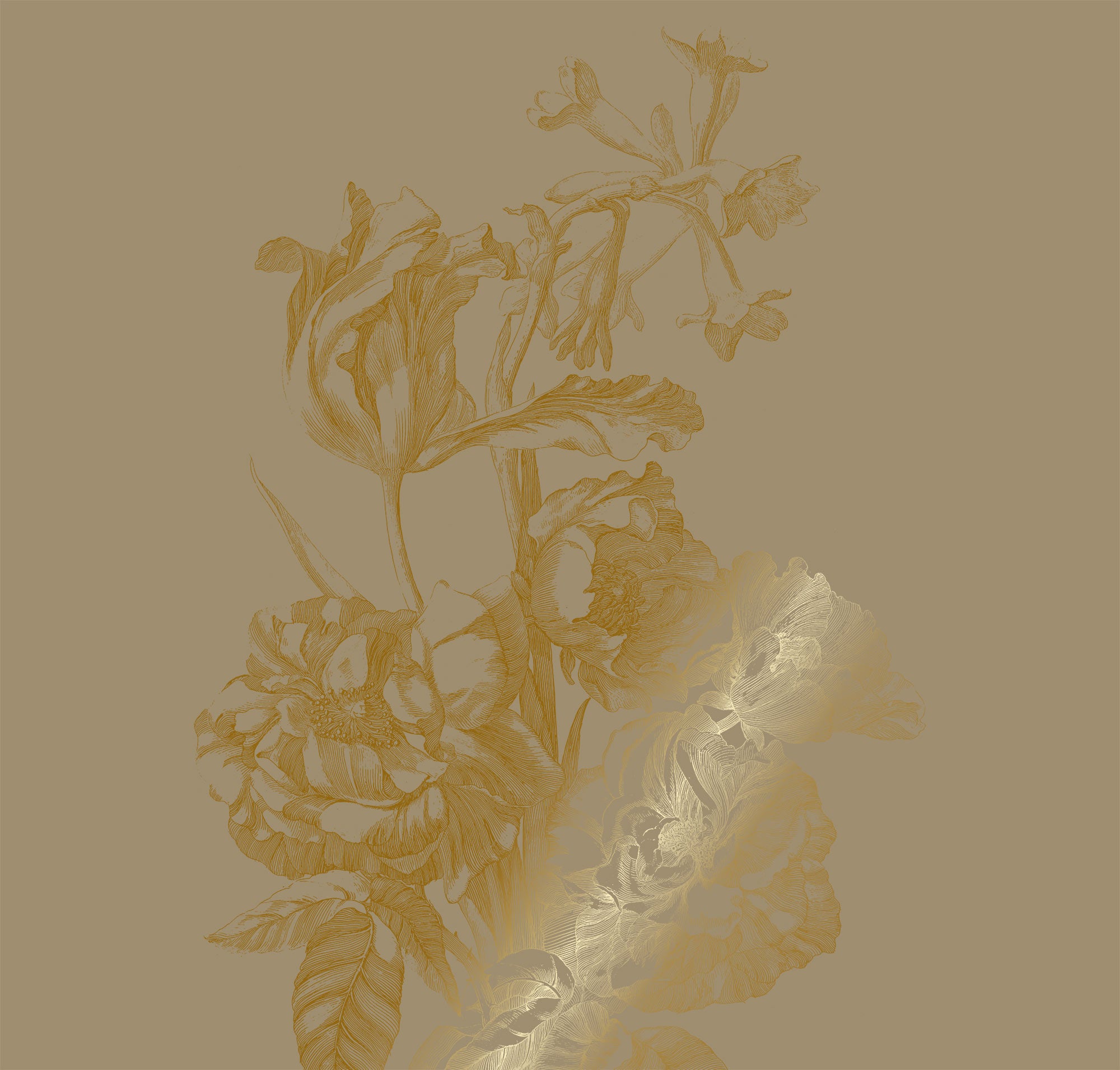 Bloemen behang met goud, Engraved Flowers, Goud/Taupe