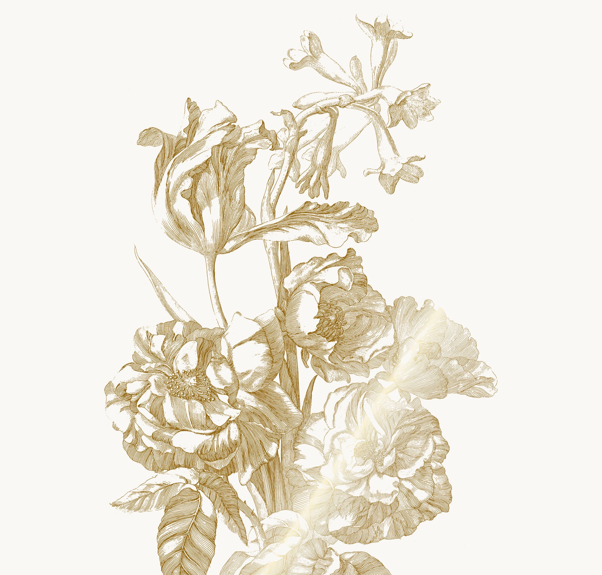 Bloemen behang met goud, Engraved Flowers, Goud/Wit
