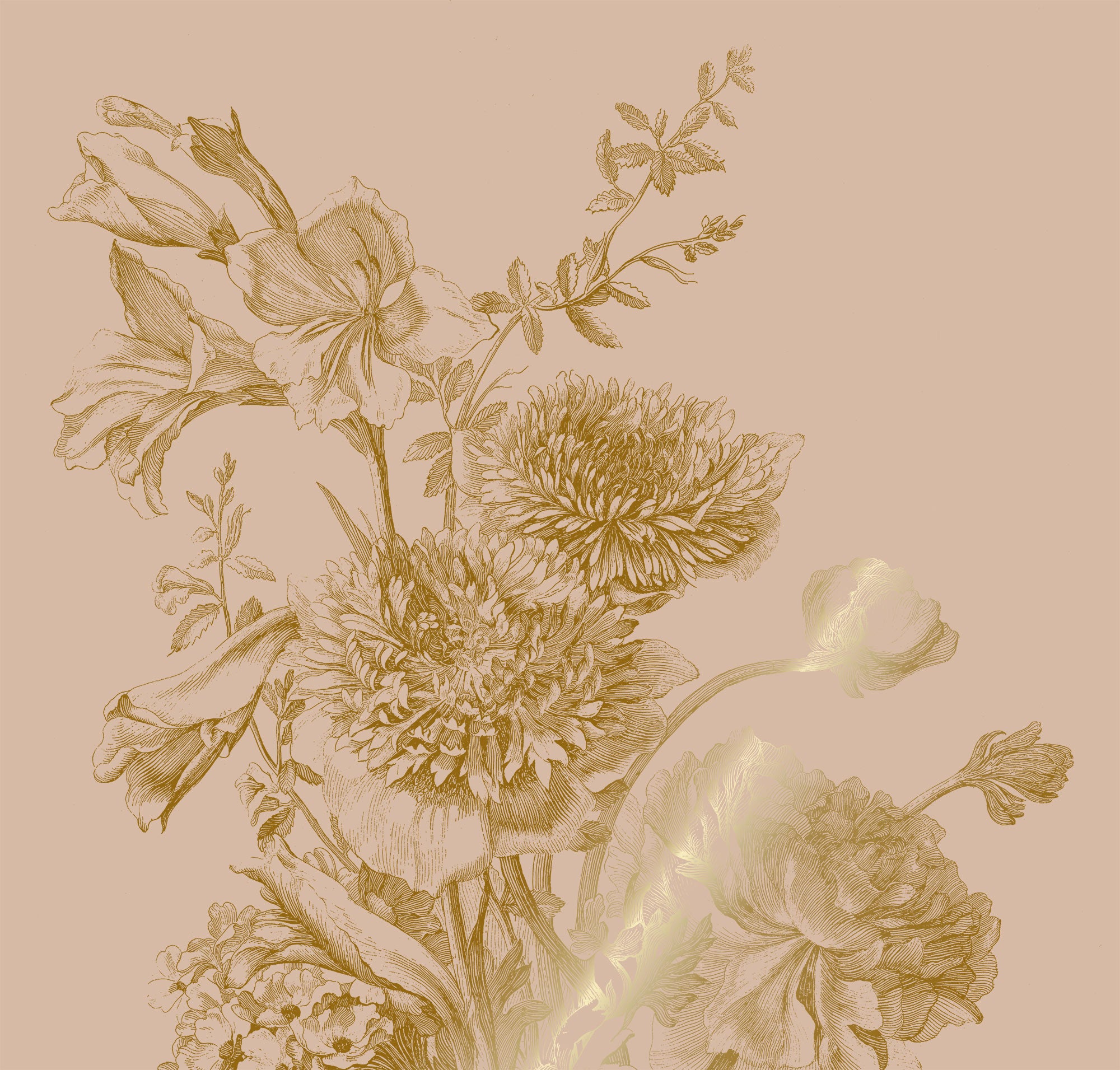 Floral wallpaper with gold, Engraved Flowers, Gold/Nude
