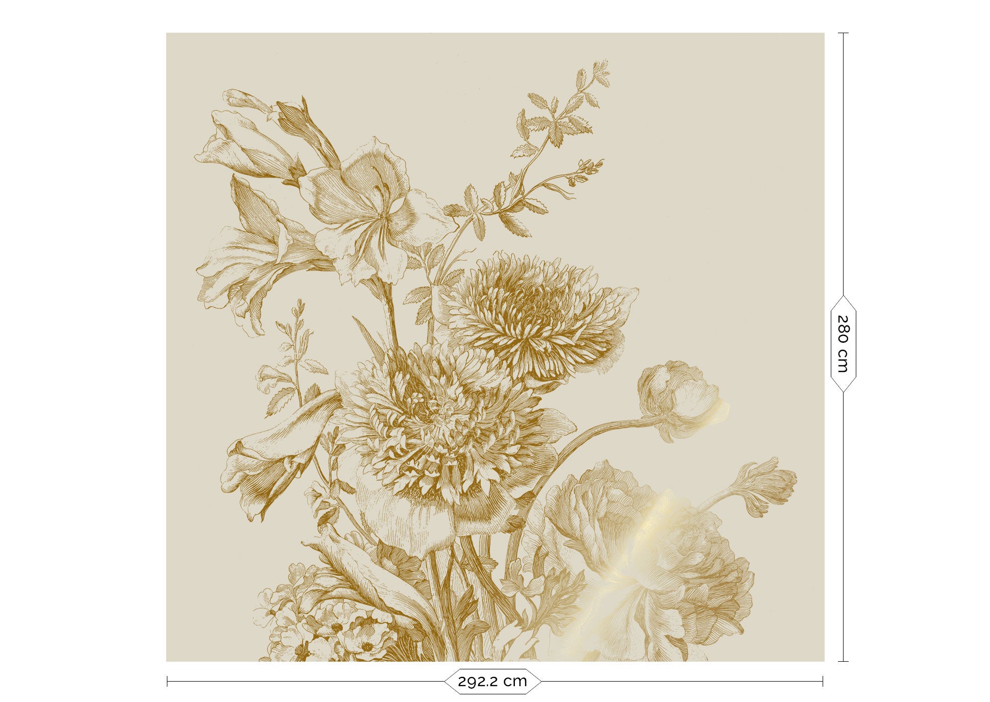 Blumentapete mit Gold, Engraved Flowers, Gold/Sand