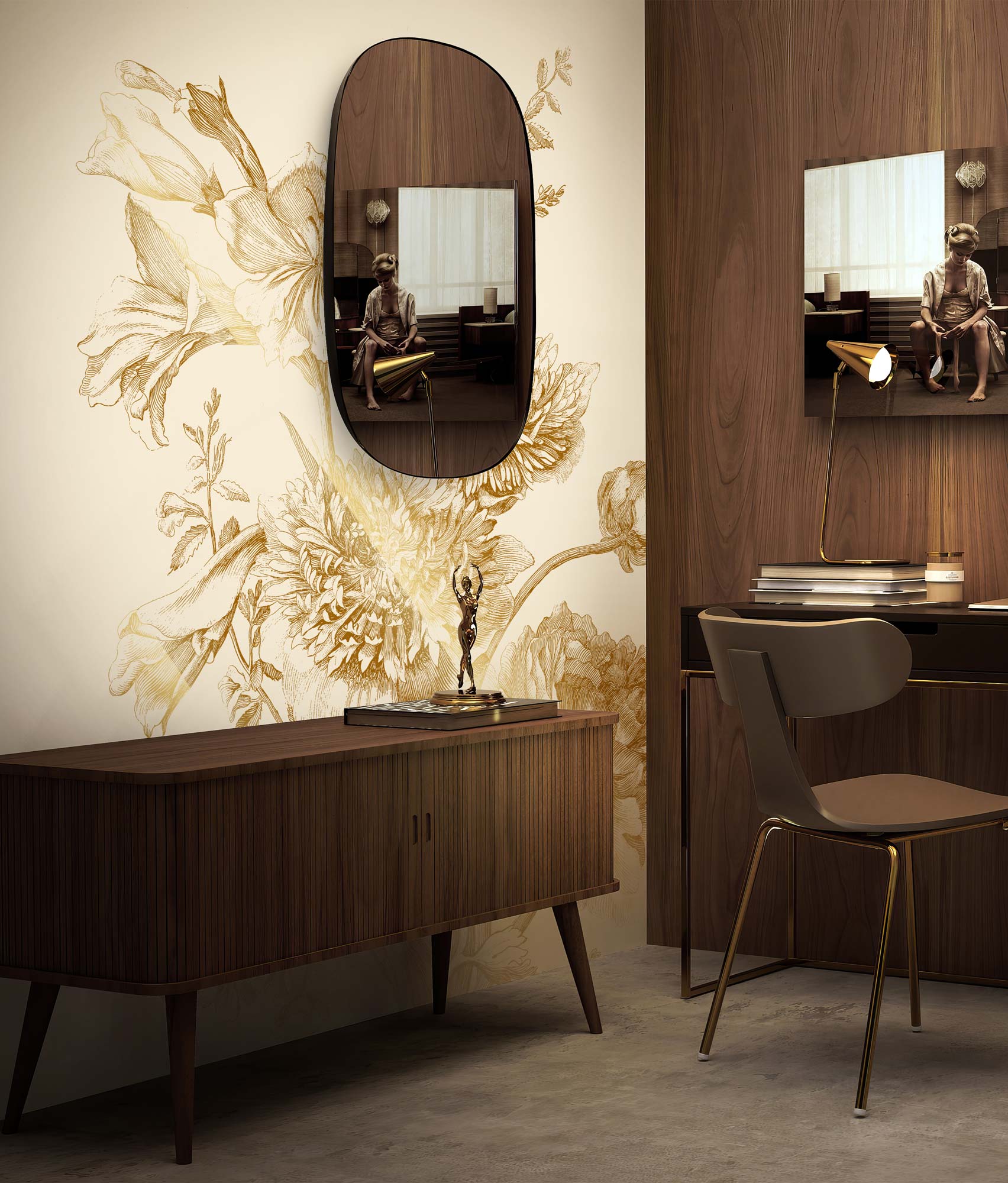 Floral wallpaper with gold, Engraved Flowers, Gold/Beige