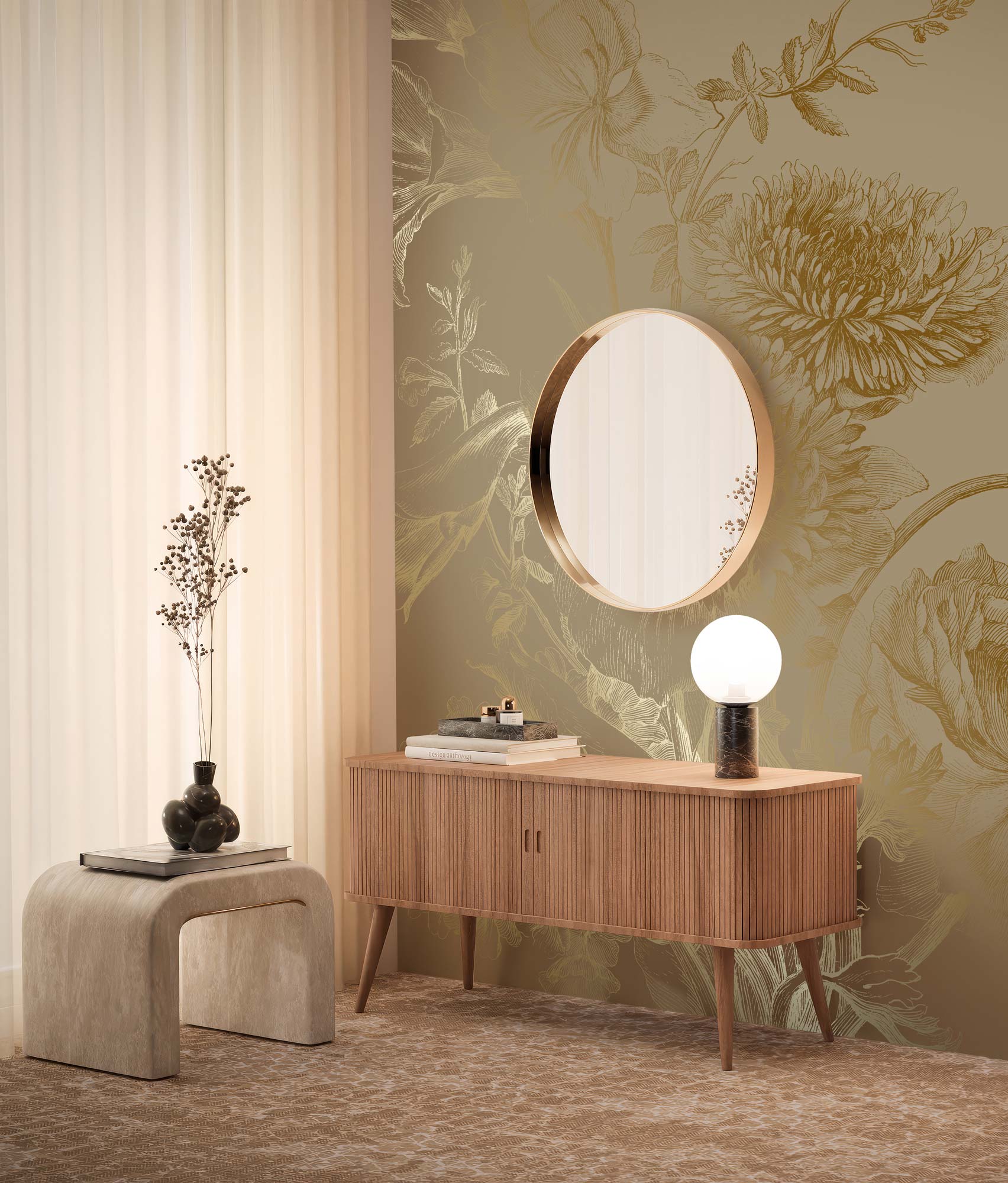 Bloemen behang met goud, Engraved Flowers, Goud/Taupe