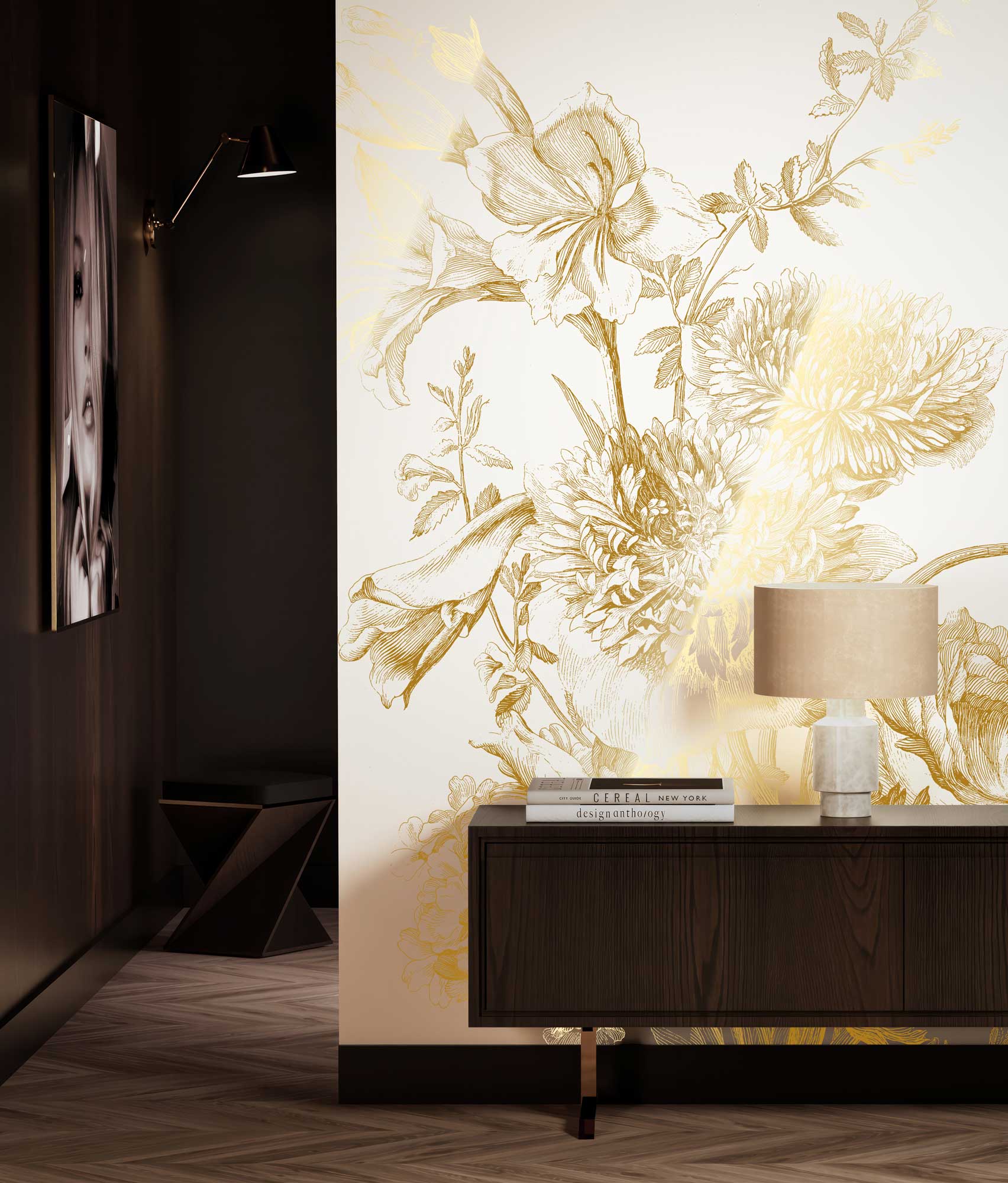 Bloemen behang met goud, Engraved Flowers, Goud/Wit