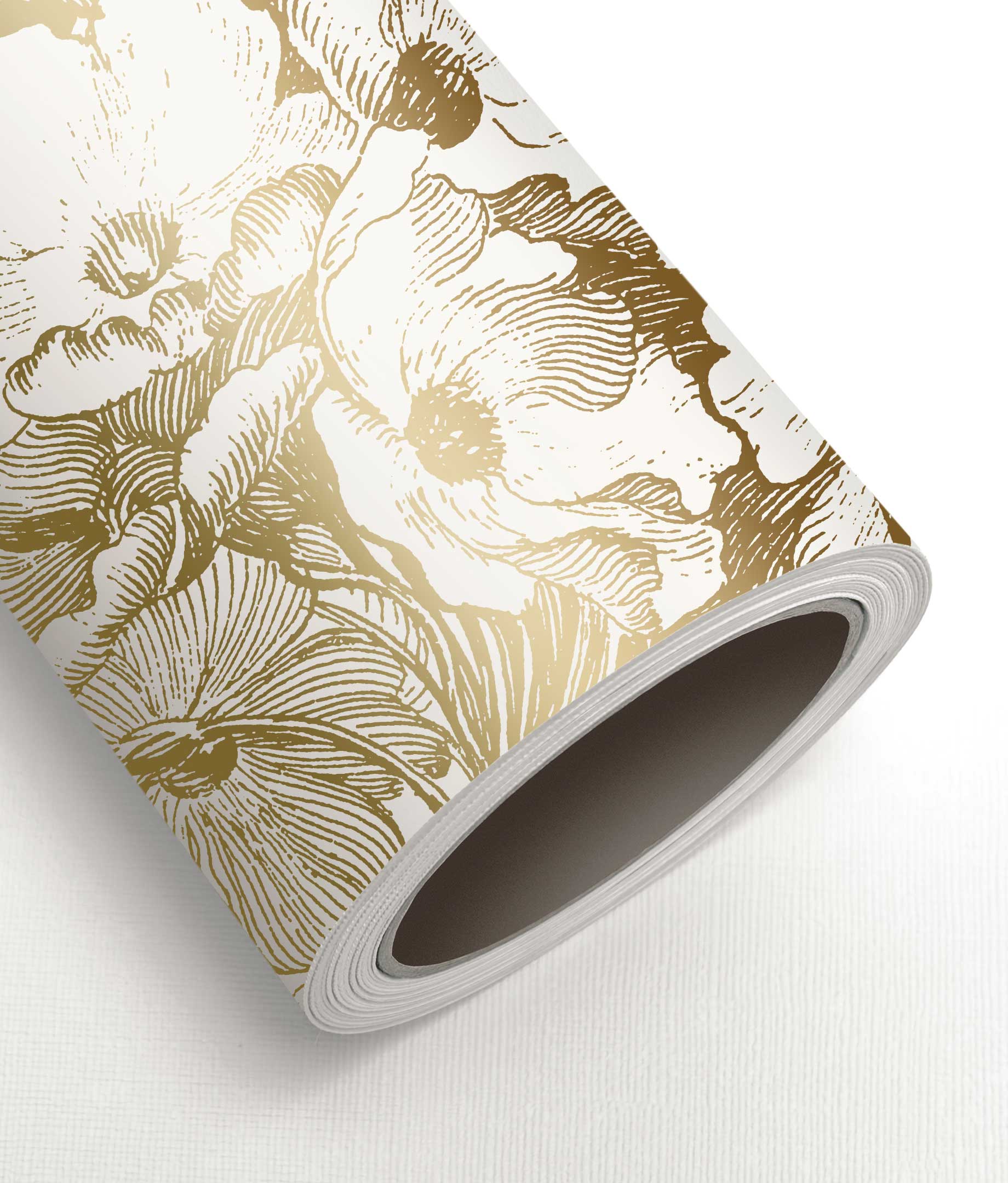 Papier peint floral avec or, Engraved Flowers, Or/Blanc