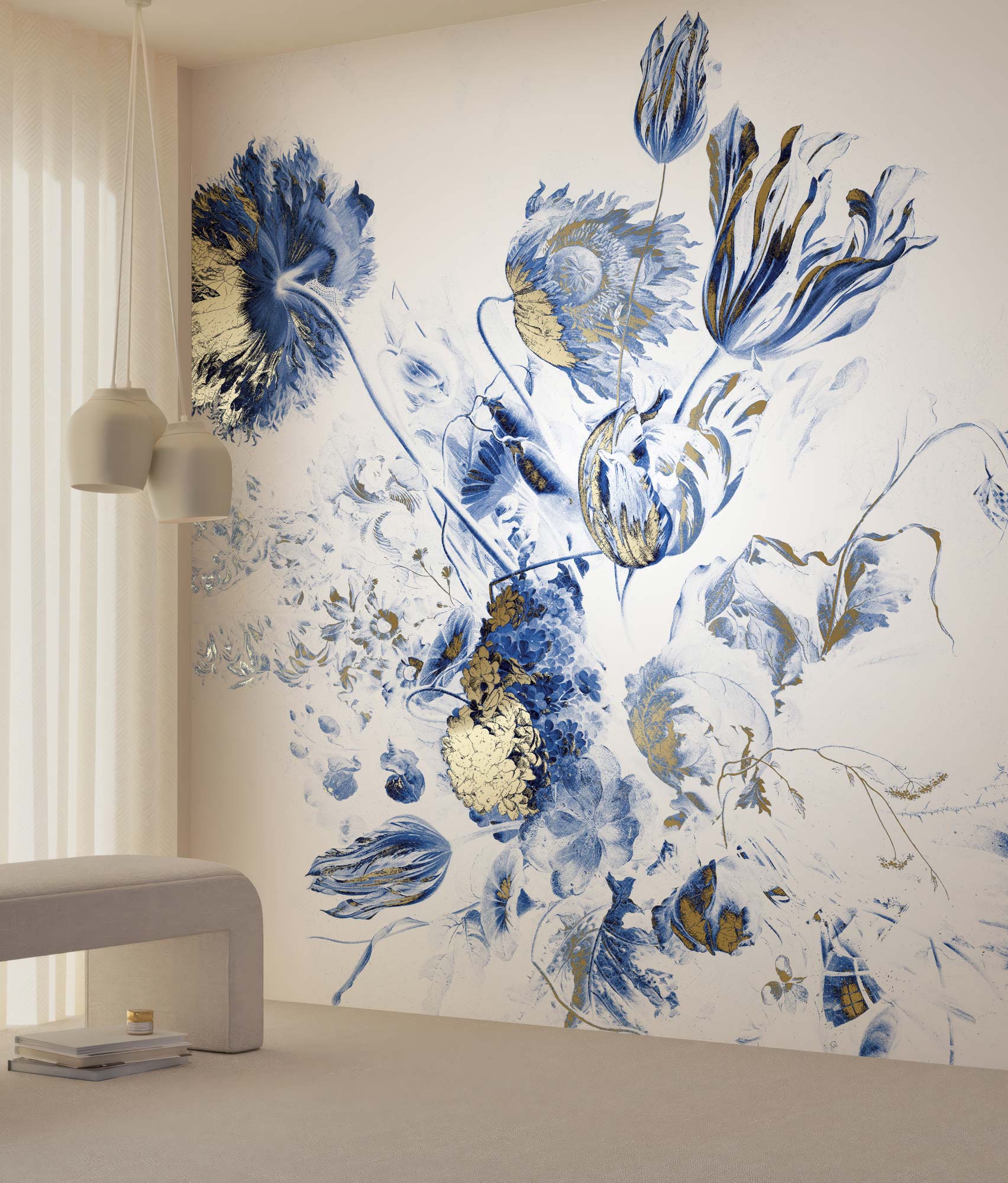 Carta da parati floreale con oro, Royal Blue Flowers, Oro/Blu