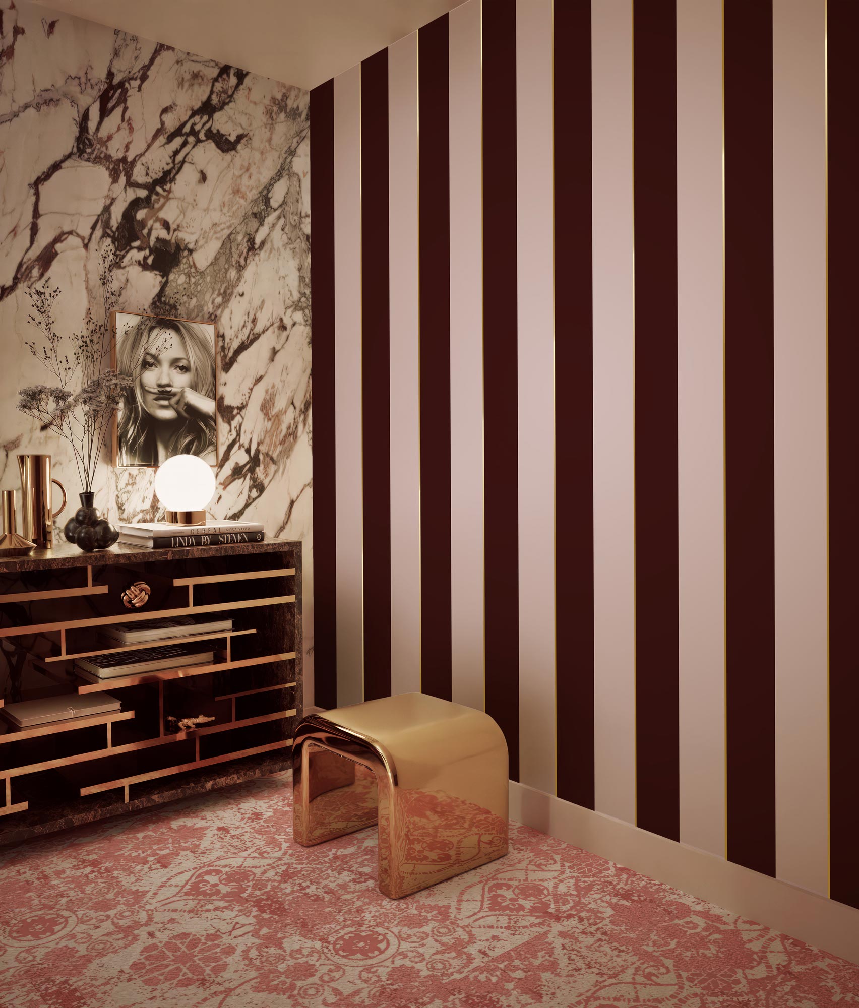 Strepen behang met goud, Gold Stripes, Aubergine/Lila/Goud