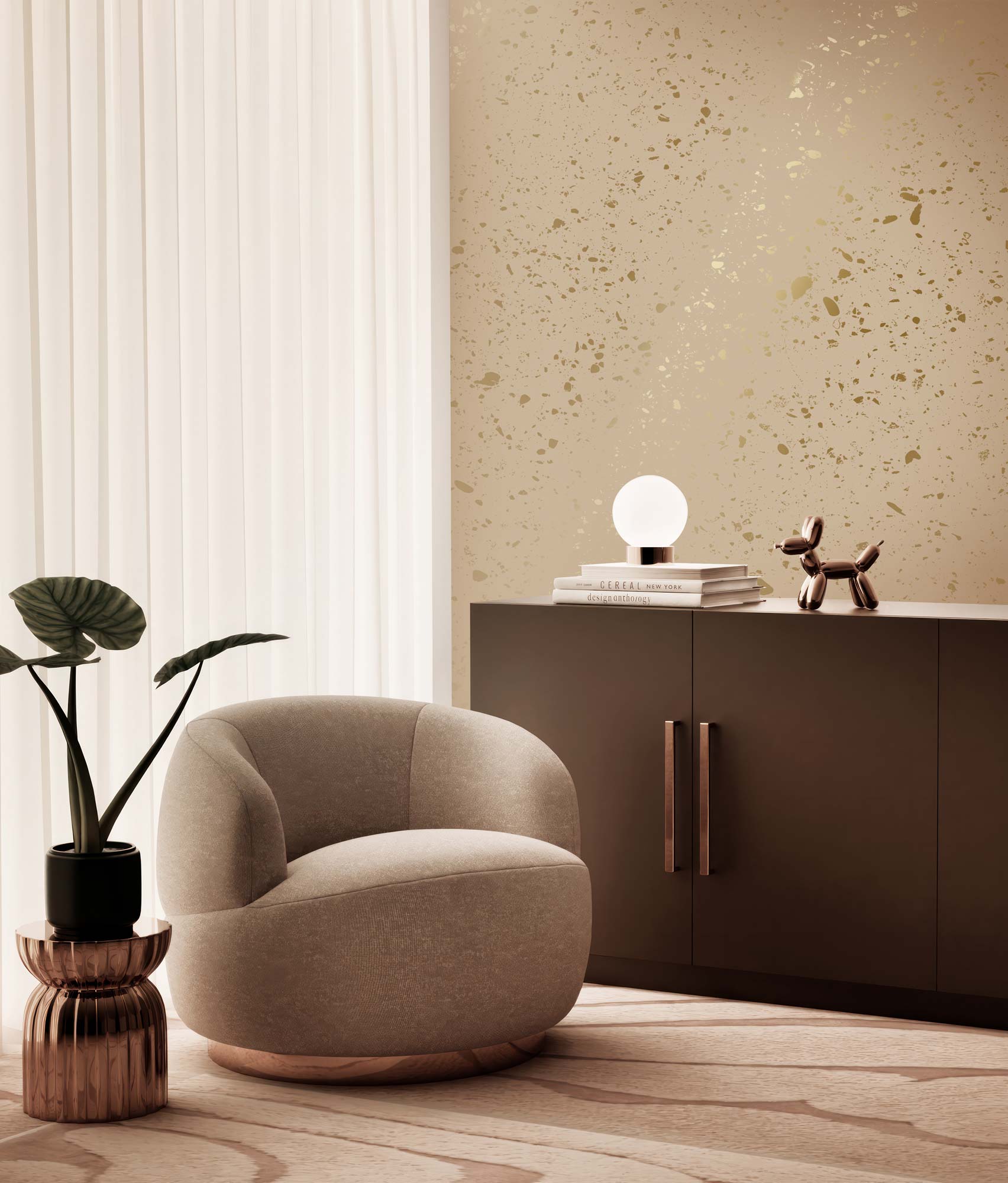 Papel pintado Terrazzo con oro, Terrazzo, Oro/Arena