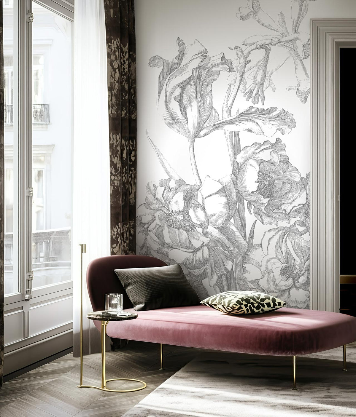 Bloemen behang met gegraveerde zwart-wit bloemen, Engraved Flowers