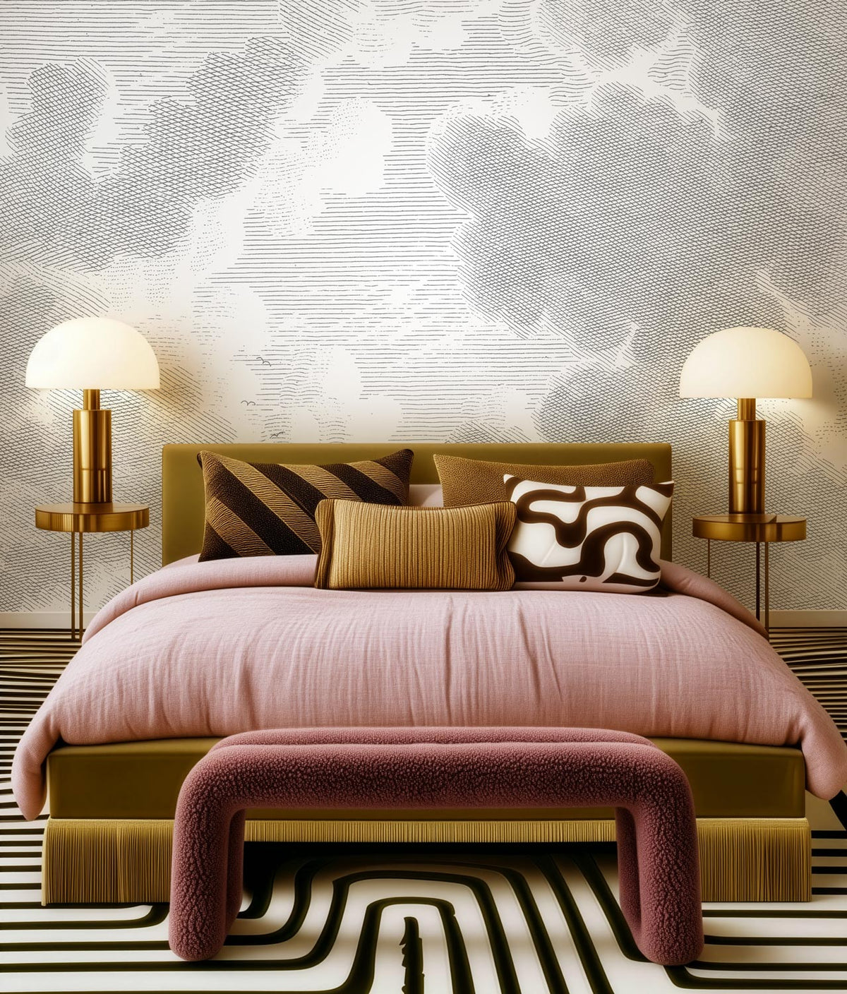 Behang met gegraveerde zwart-wit wolken, Engraved Clouds