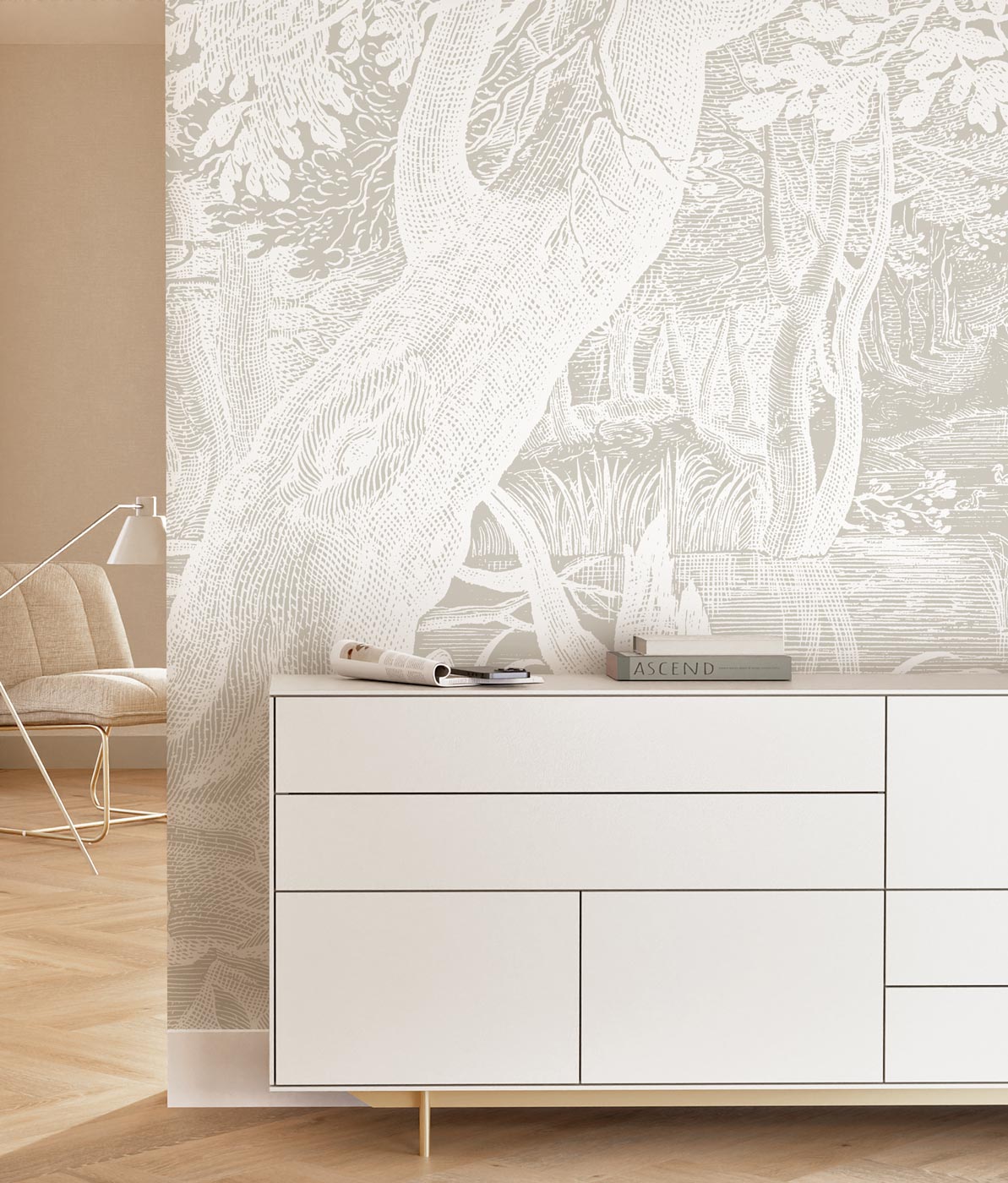 Engraved Landscapes, wallpaper with drawn landscapes, Grey