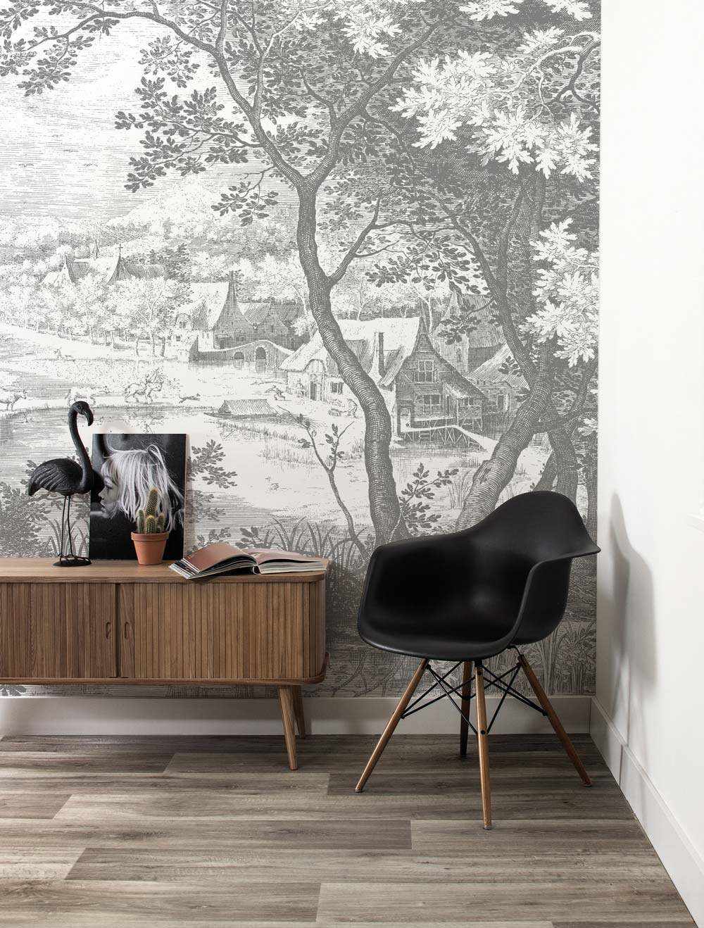 Engraved Landscapes, behang met getekend landschap, Grijs, WP-619, Interieur