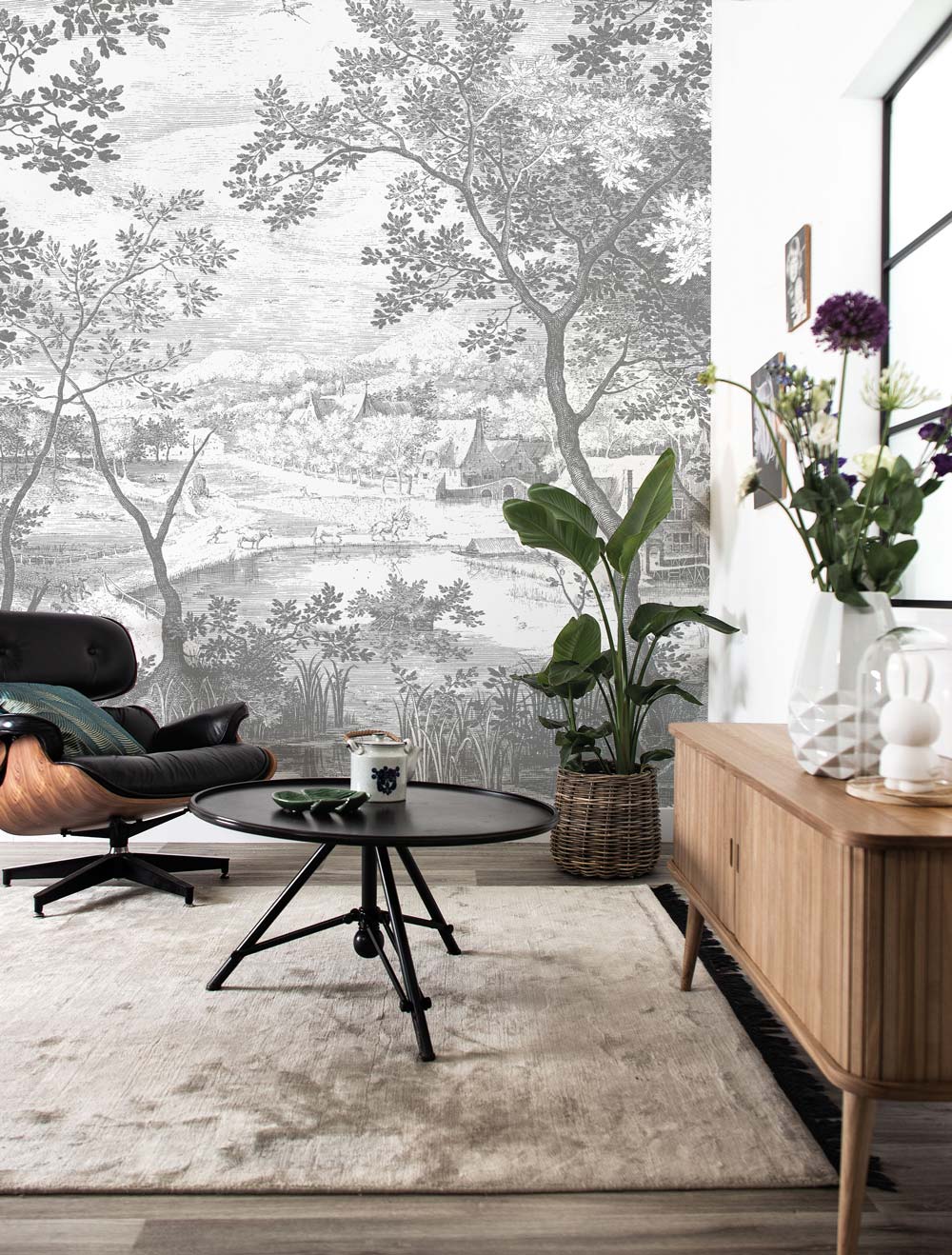 Engraved Landscapes, behang met getekend landschap, Grijs, WP-619, Interieur 2