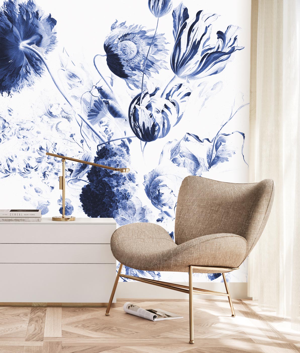 Bloemen behang, Blauw, Royal Blue Flowers, WP-208, Interieur 2