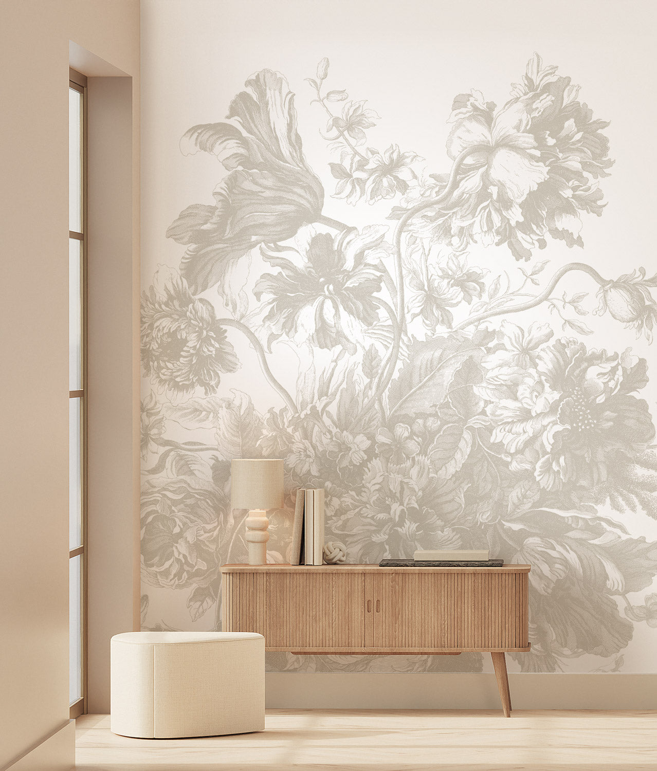 Engraved Flowers, Bloemen behang door Frans Uyterlinde, Grijs, Interieur