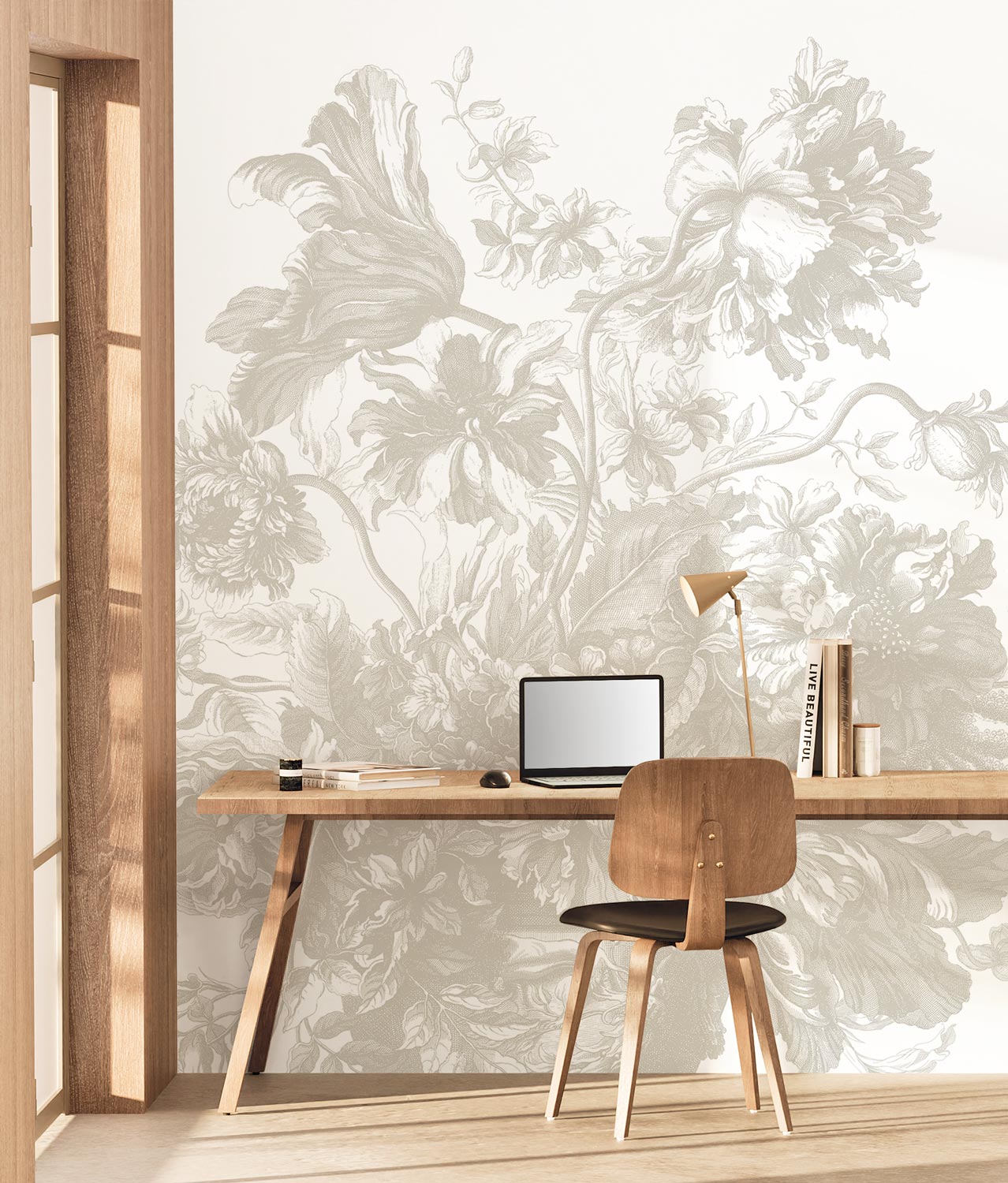Engraved Flowers, Bloemen behang door Frans Uyterlinde, Grijs, Interieur 3