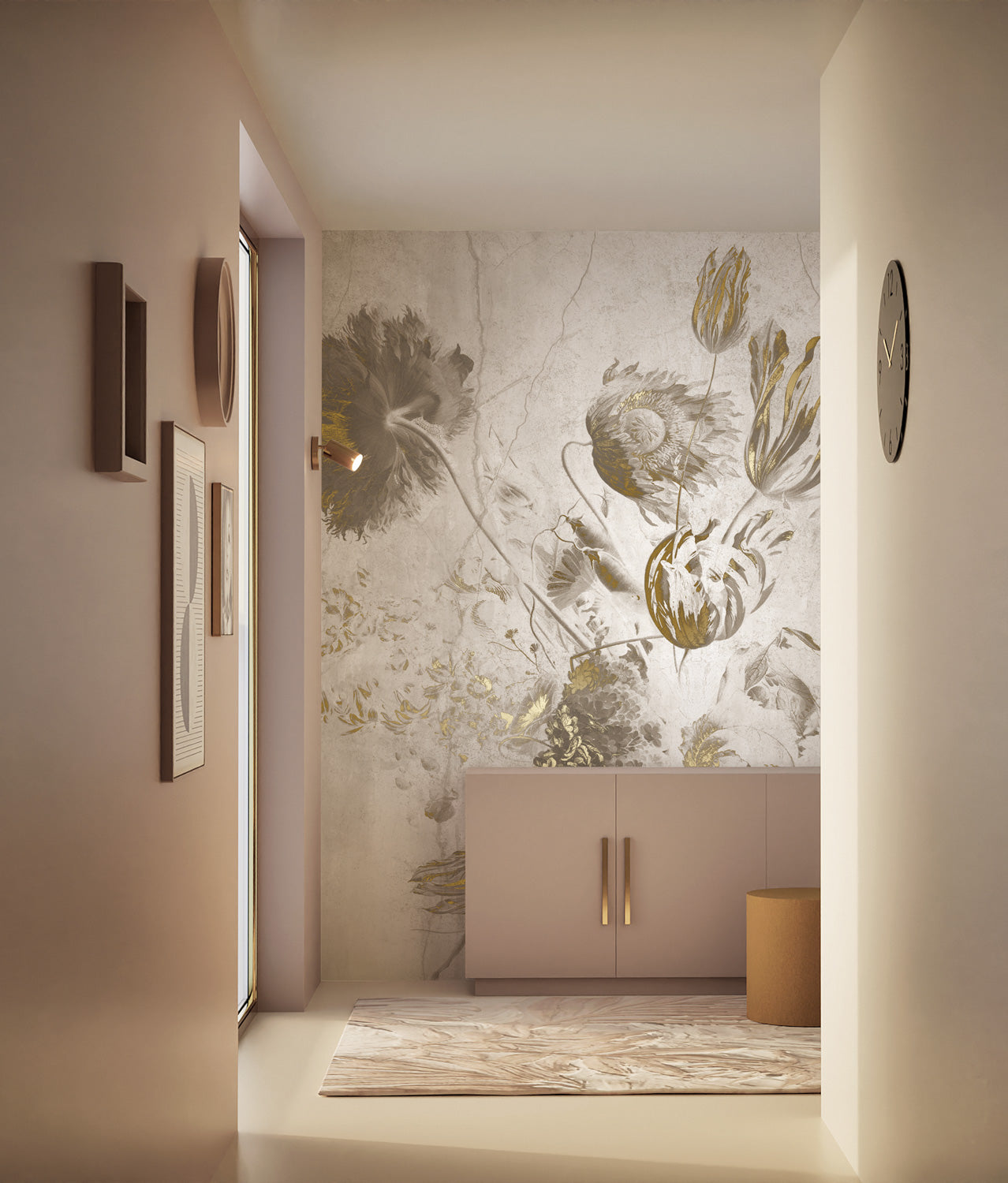 Fresco Flowers, bloemen behang door Frans Uyterlinde, Goud/Wit, Interieur