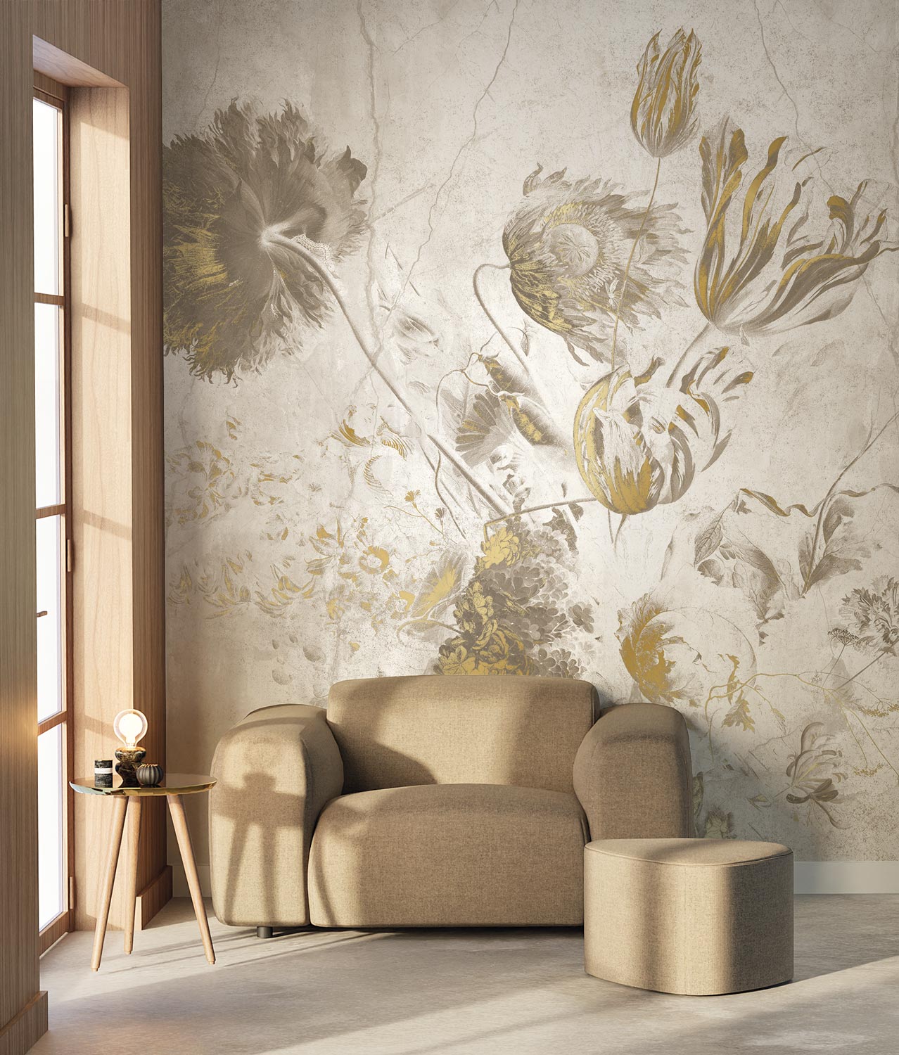 Fresco Flowers, bloemen behang door Frans Uyterlinde, Goud/Wit, Interieur 2