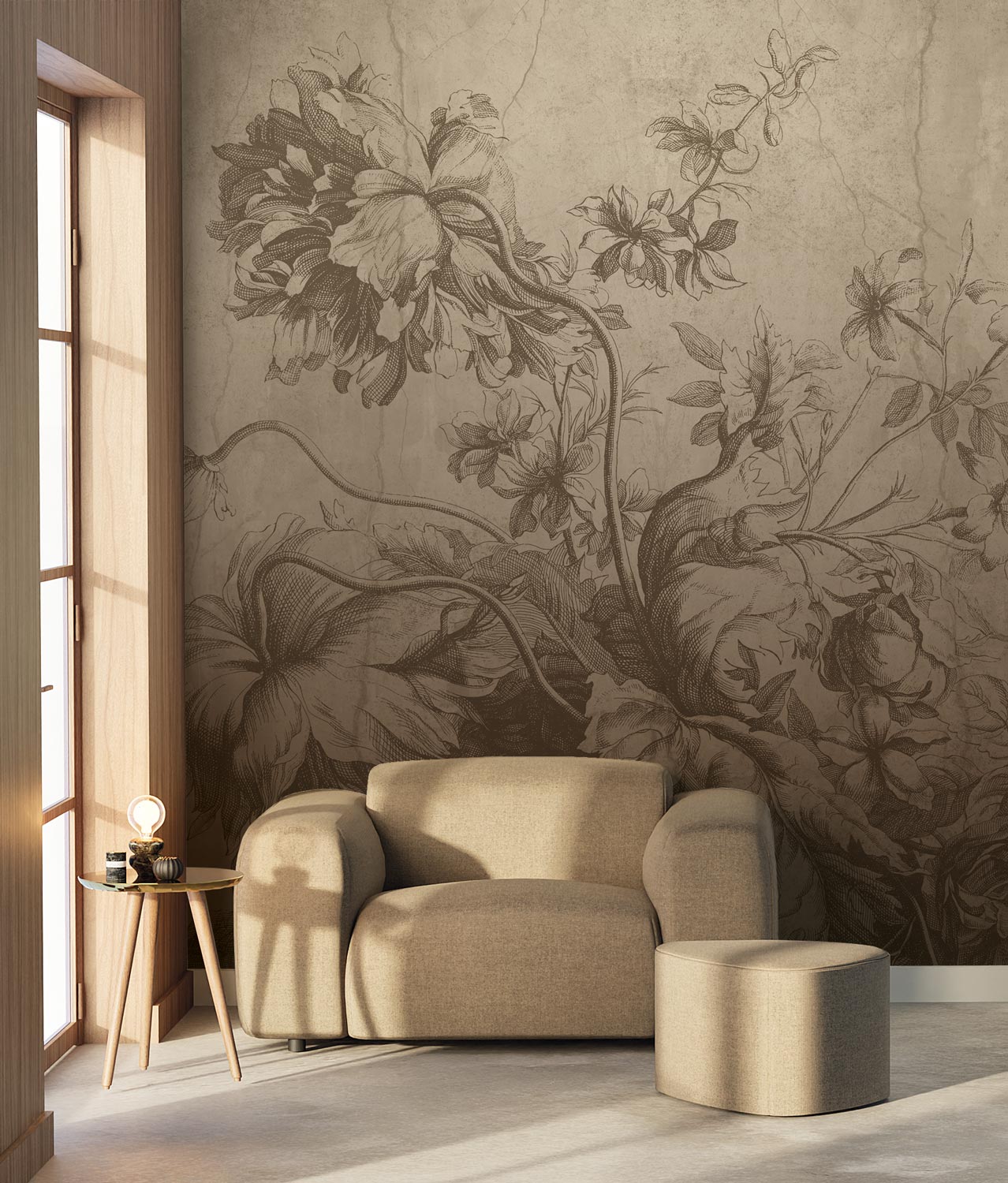 Gradient Flowers, Bloemen behang door Frans Uyterlinde, Beige, Interieur 2