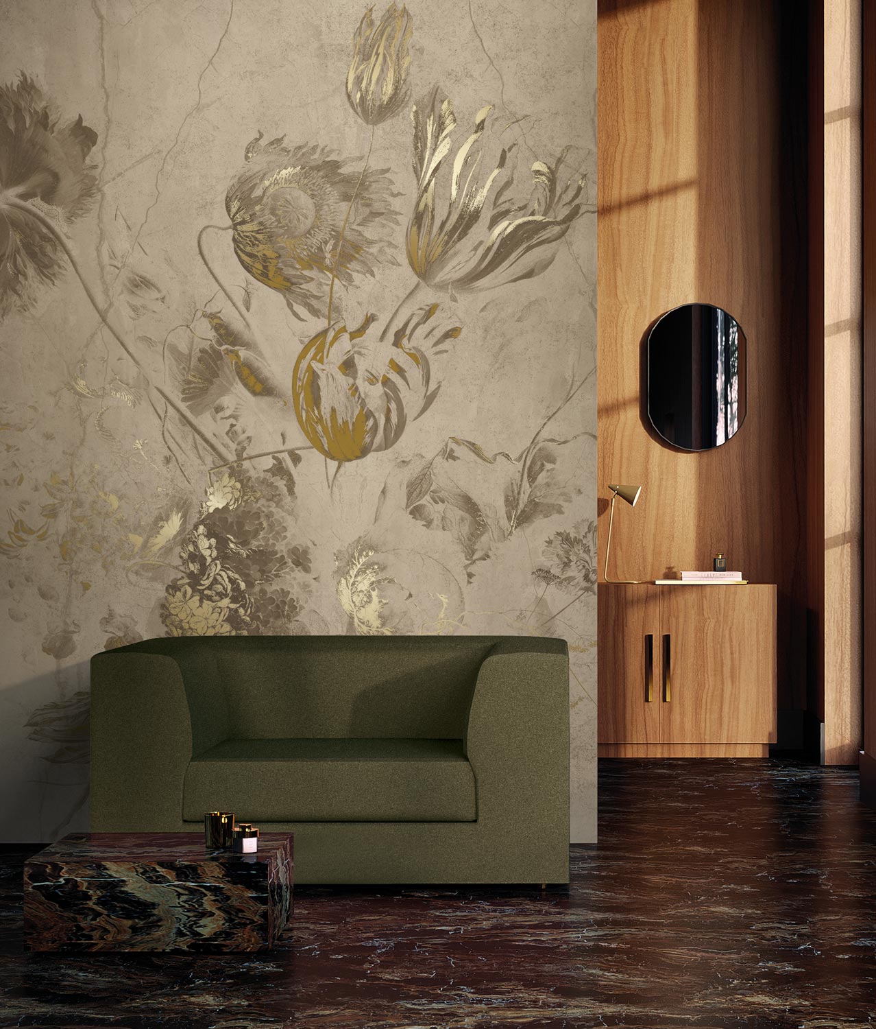 Goud bloemen behang Fresco Flowers door Frans Uyterlinde, FU-051, Interieur