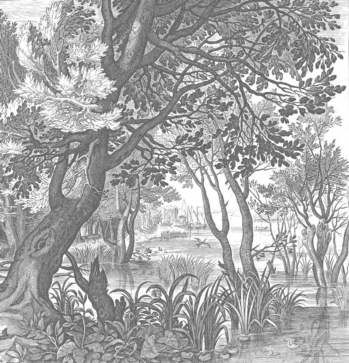 Engraved Landscapes, wallpaper with drawn landscapes, Grey