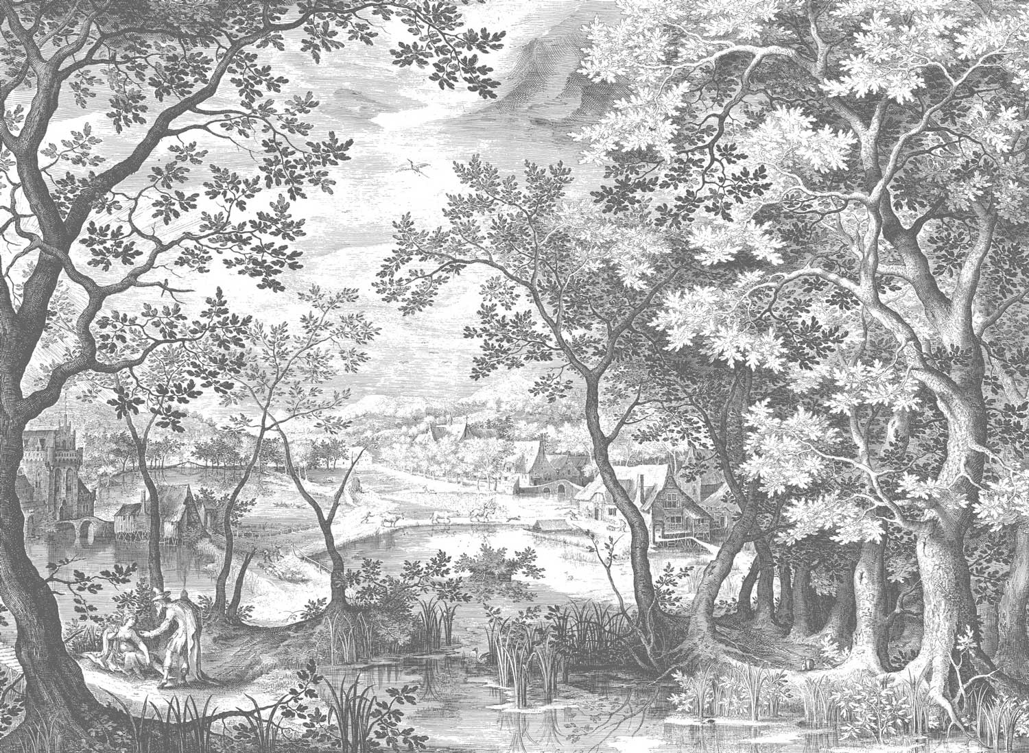 Behang met gegraveerd zwart-wit landschap, Engraved Landscapes