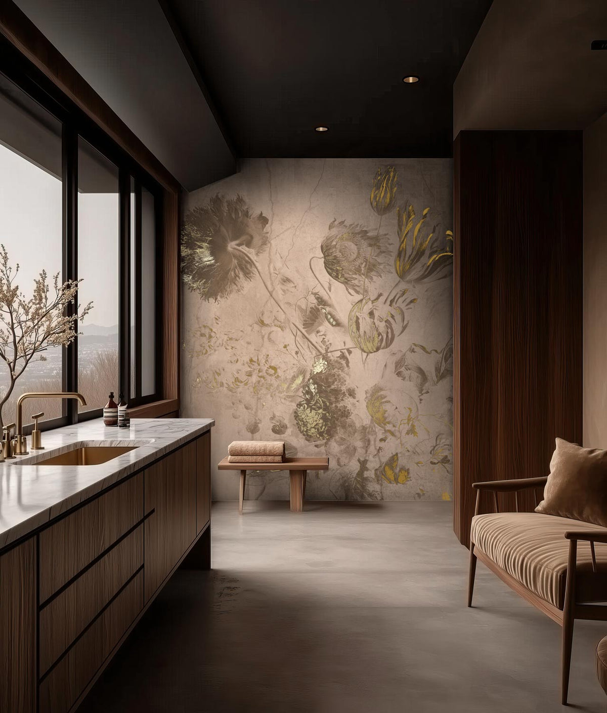 Bloemen behang met goud door Frans Uyterlinde, Fresco Flowers, Goud/Nude