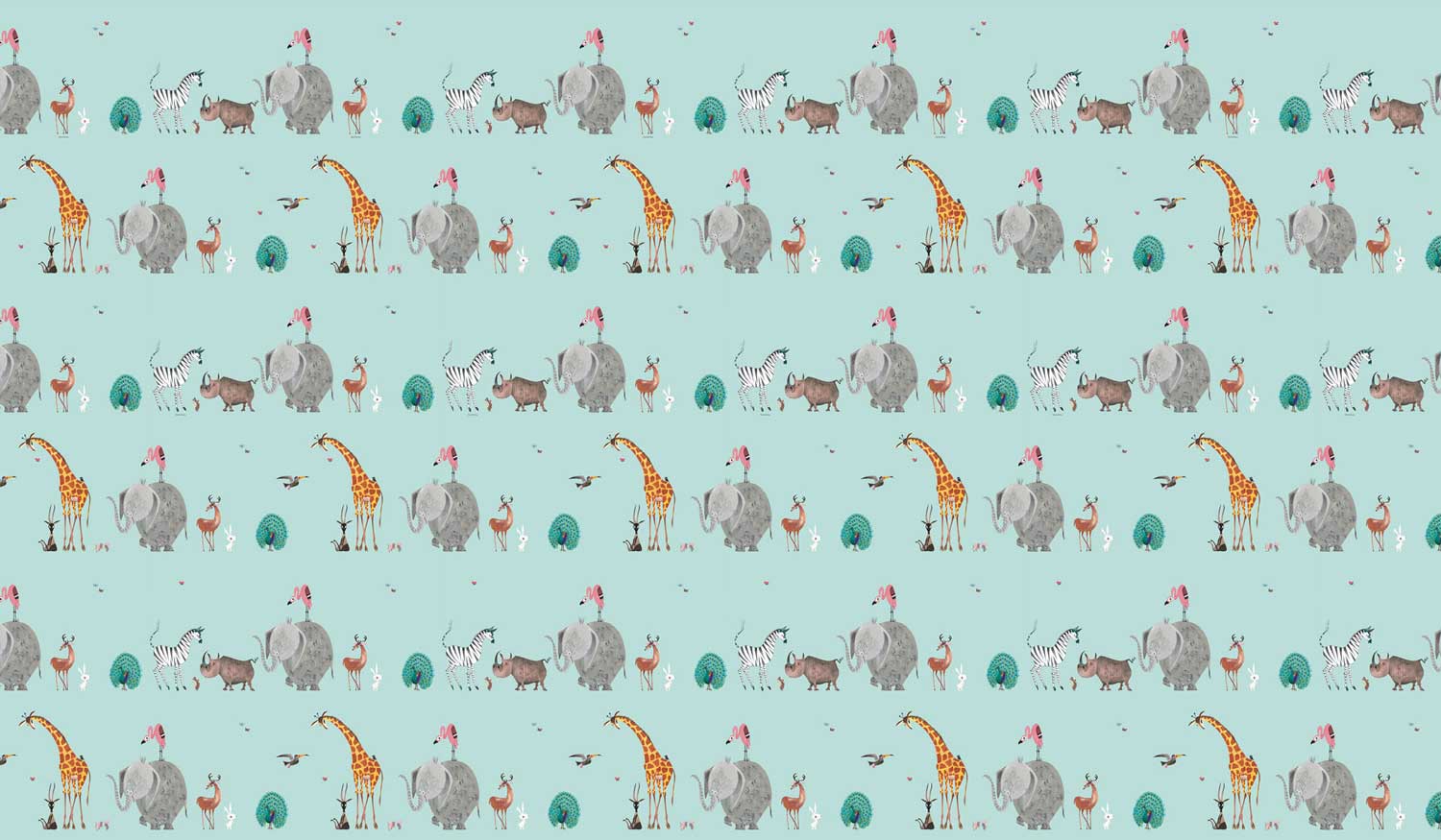 Behang kinderkamer Fiep Westendorp Dierenmix, Mint, 97.4 x 280 cm