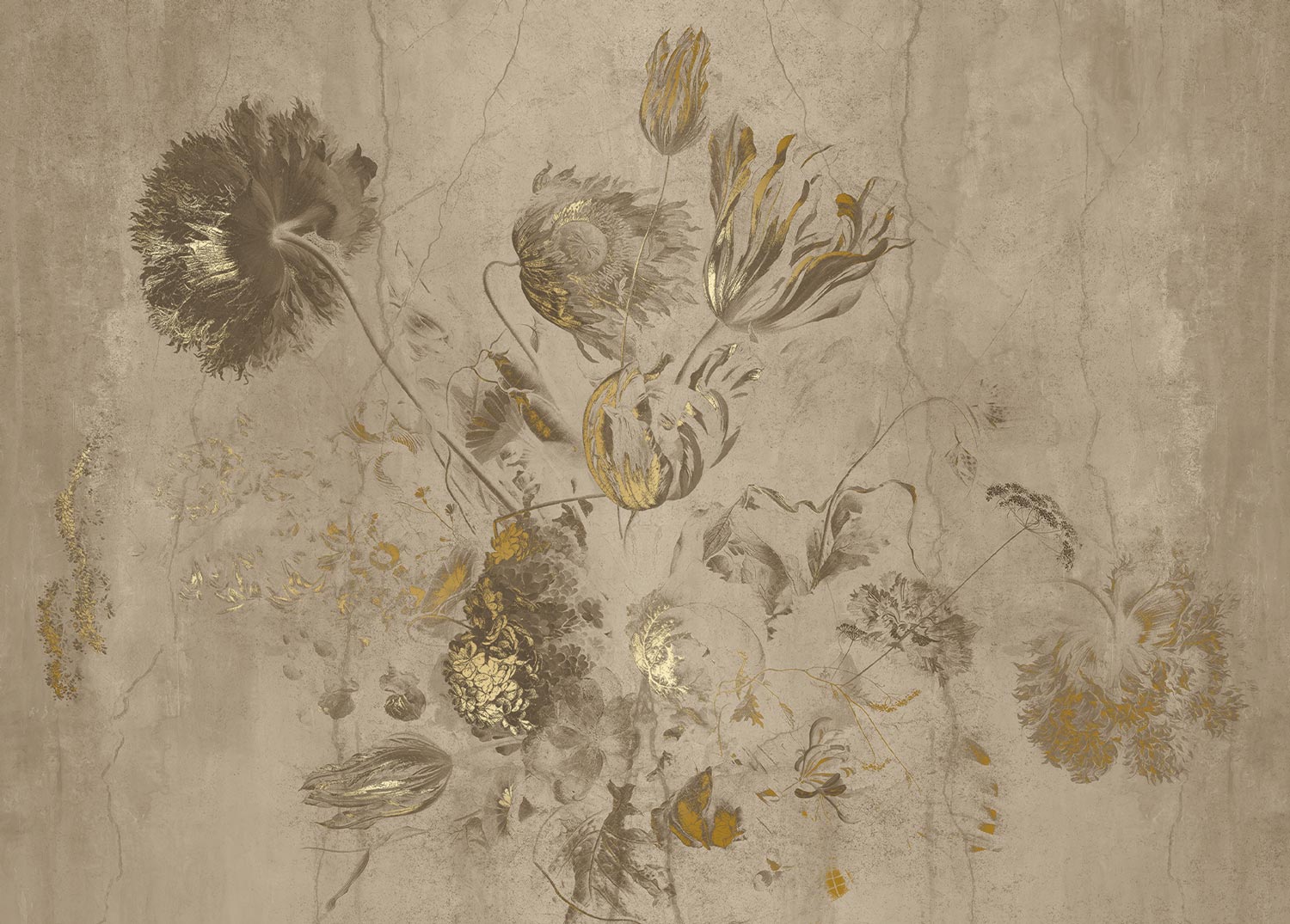 Fresco Flowers, Blumentapete von Frans Uyterlinde, Gold/Beige