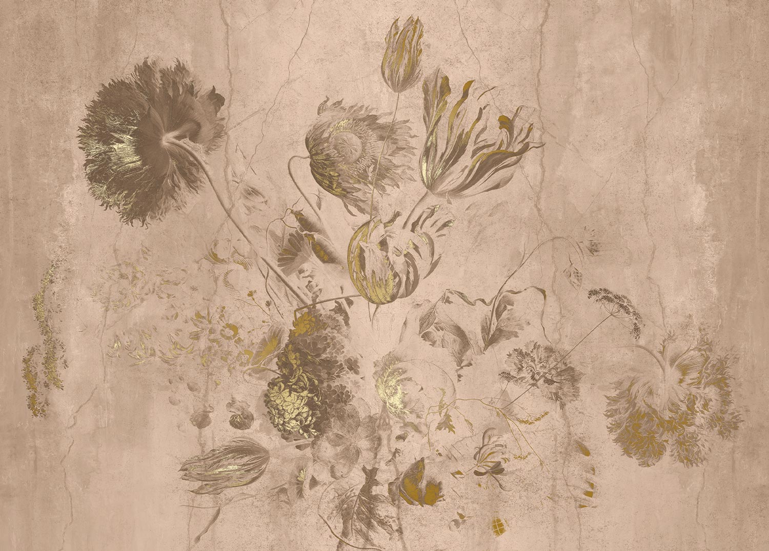 Fresco Flowers, Blumentapete von Frans Uyterlinde, Gold/Nude