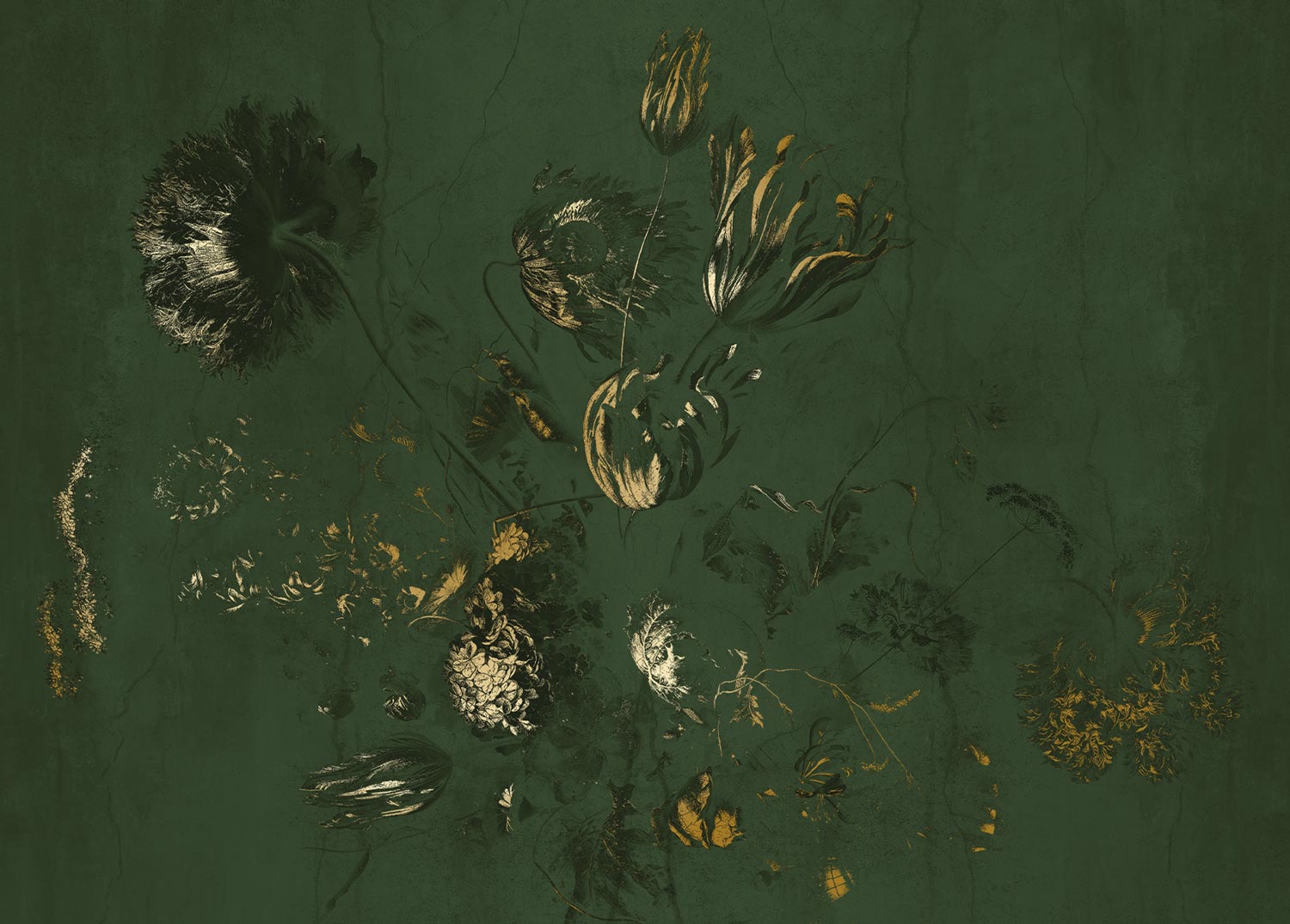 Fresco Flowers, Blumentapete von Frans Uyterlinde, Gold/Grün