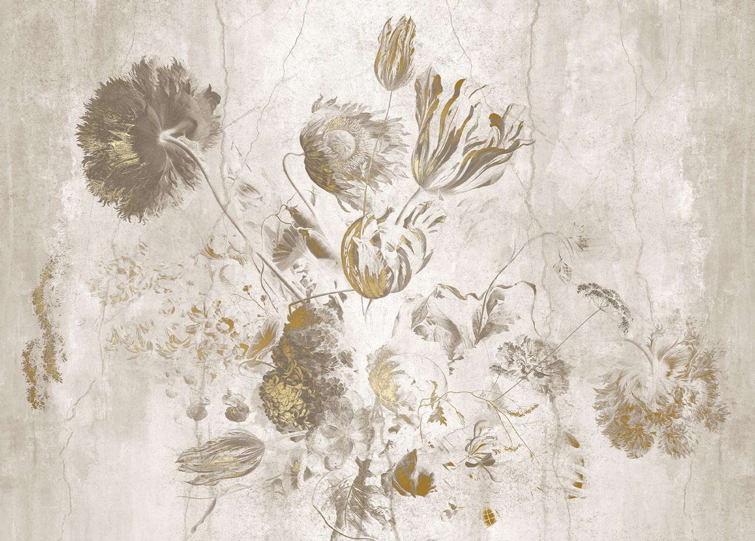 Bloemen behang met goud door Frans Uyterlinde, Fresco Flowers, Goud/Wit