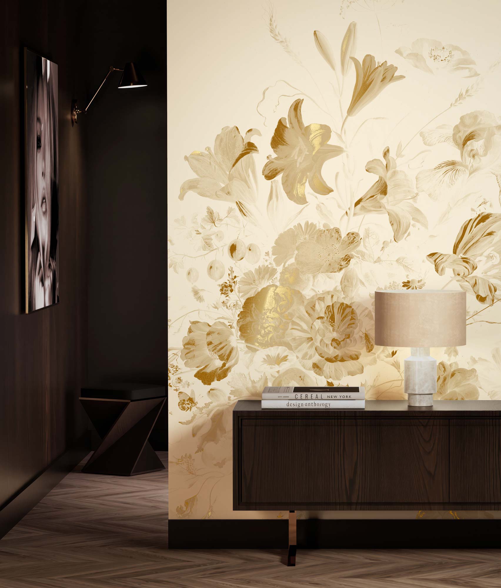 Blumentapete mit Gold, Golden Age Flowers, Gold/Beige