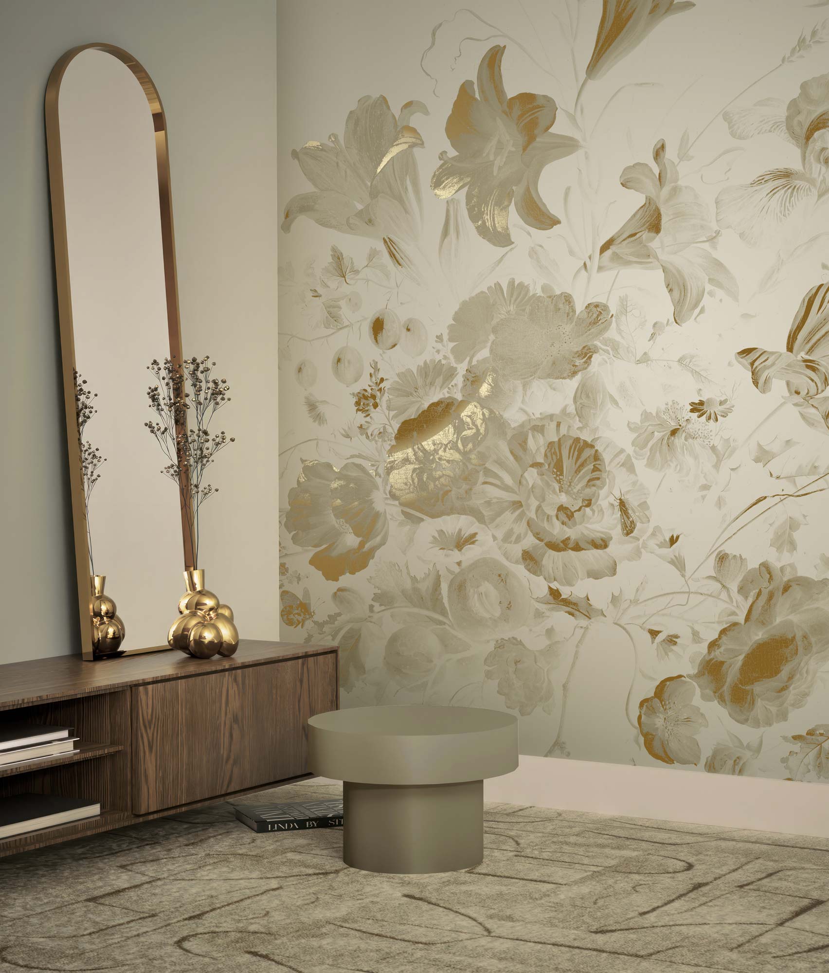 Floral wallpaper with gold, Golden Age Flowers, Gold/Sand