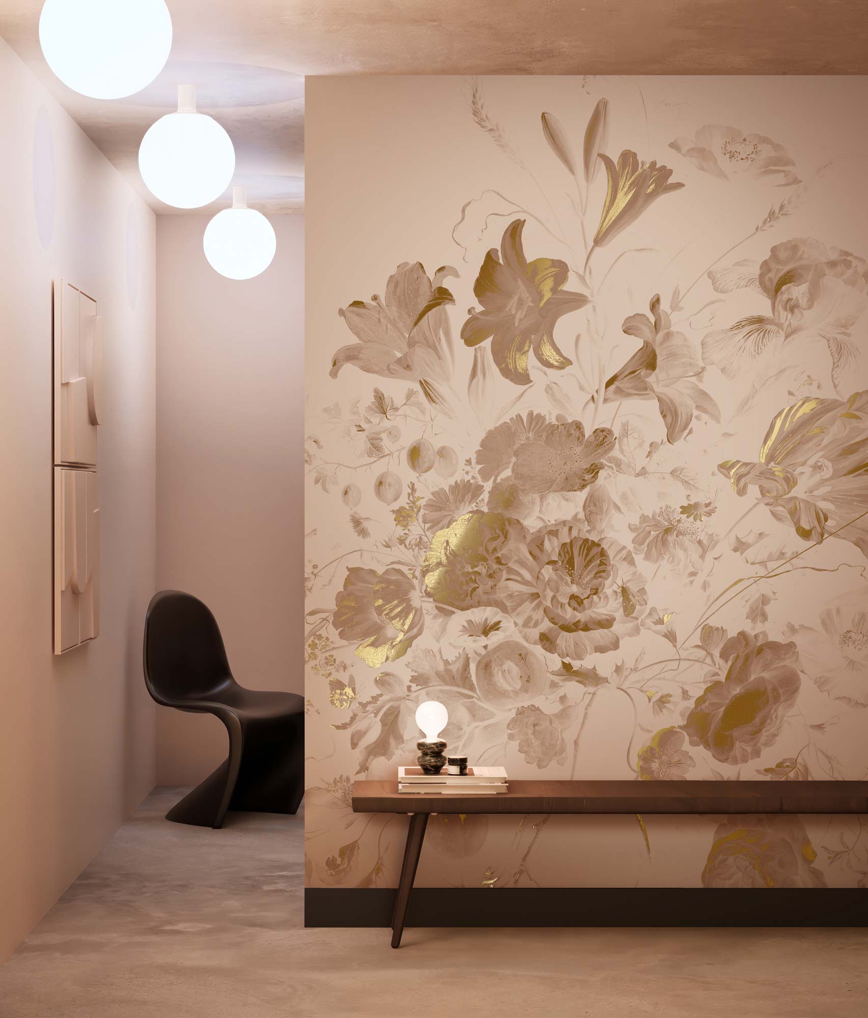 Blumentapete mit Gold, Golden Age Flowers, Gold/Nude
