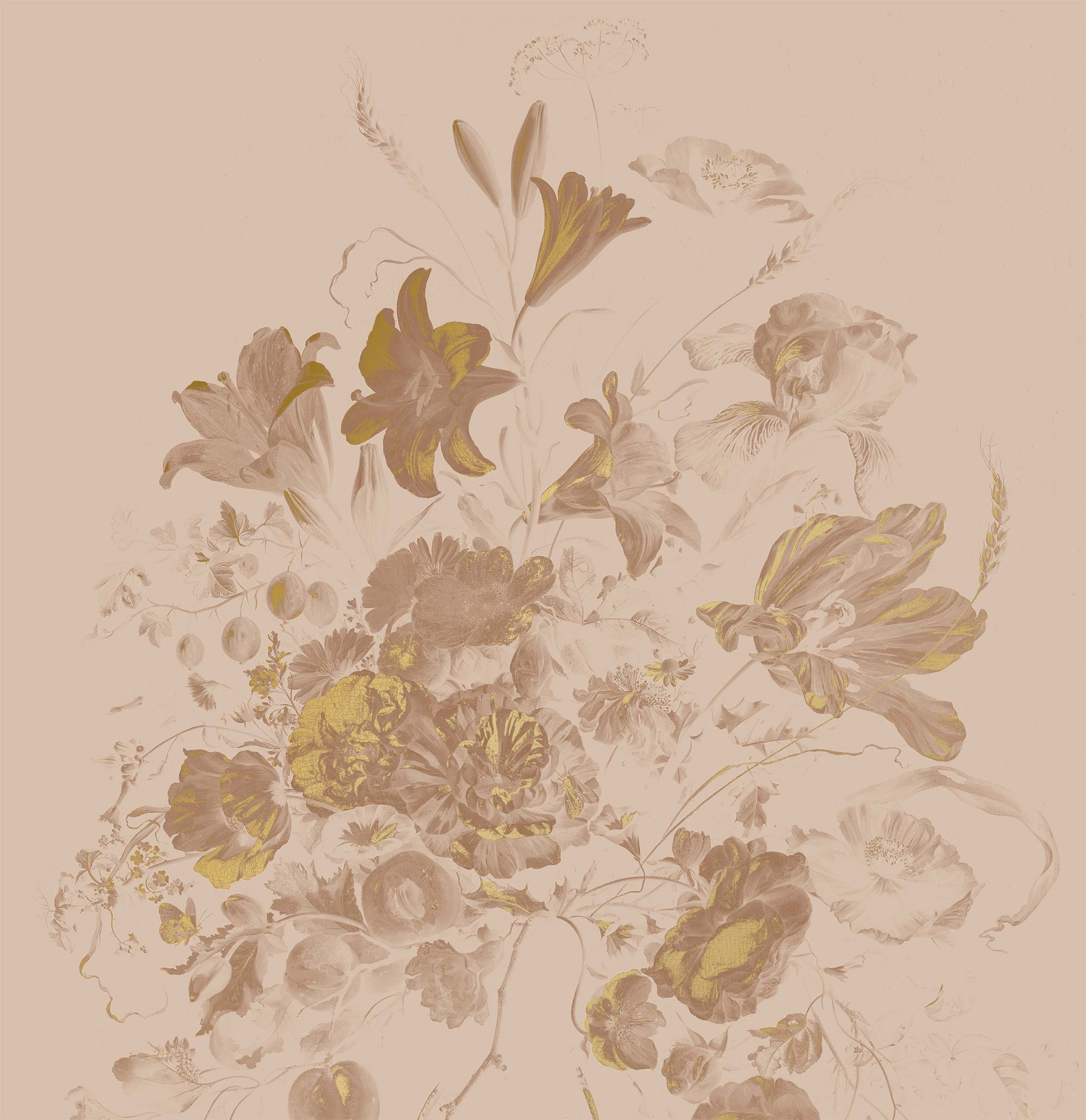 Floral wallpaper with gold, Golden Age Flowers, Gold/Nude