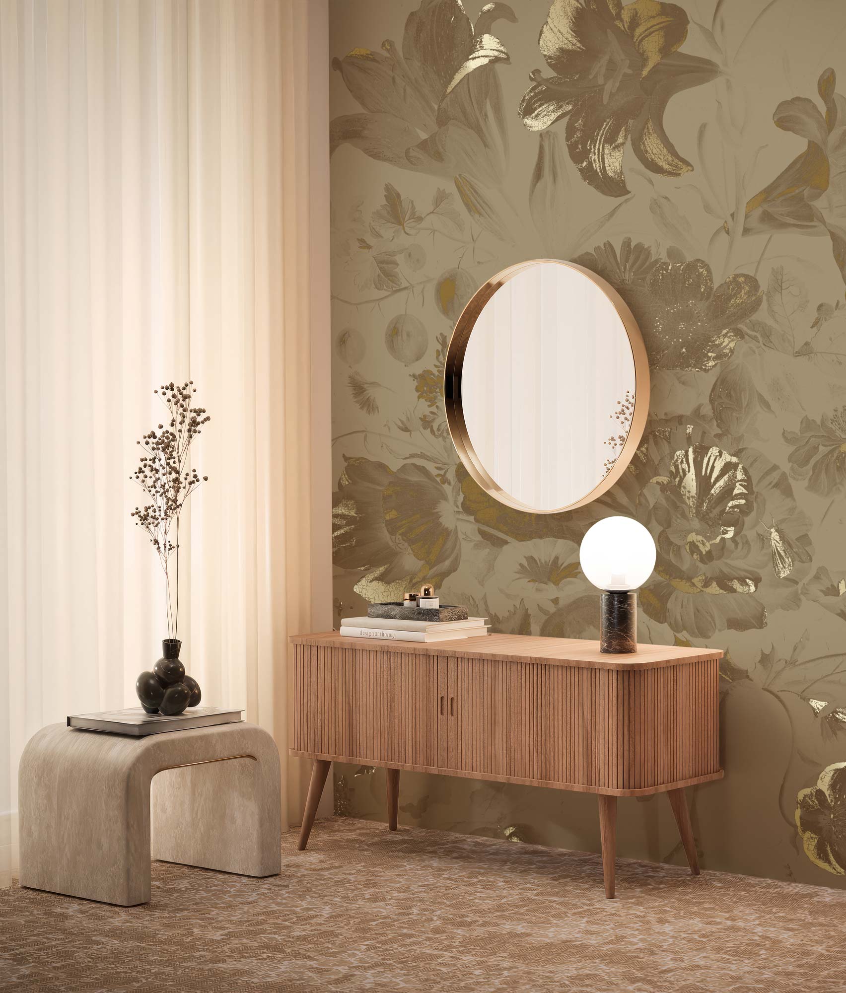 Blumentapete mit Gold, Golden Age Flowers, Gold/Taupe